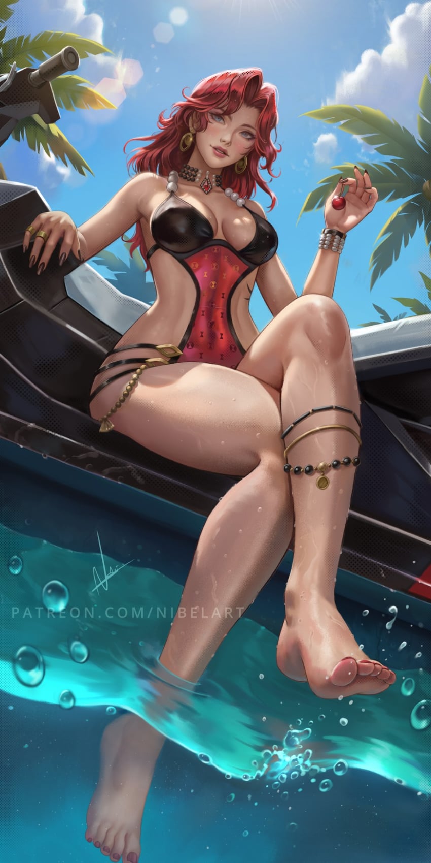 1girls, 2d, bare legs, barefoot, black nails, black widow (aquatic assassin), black widow (marvel rivals), black widow (marvel), blue eyes, breasts, cherry, cleavage, clothed, feet, food, fruit, fully clothed, holding, holding food, holding fruit, jet ski, jewelry, looking at viewer, marvel, marvel comics, marvel rivals, multiple rings, natasha romanoff, necklace, nibelart, official alternate costume, one-piece swimsuit, palm tree, partially underwater shot, pearl necklace, red hair, ring, smile, soaking feet, solo, swimsuit, thick thighs, thighs, toes, toned, toned female, tree, watercraft