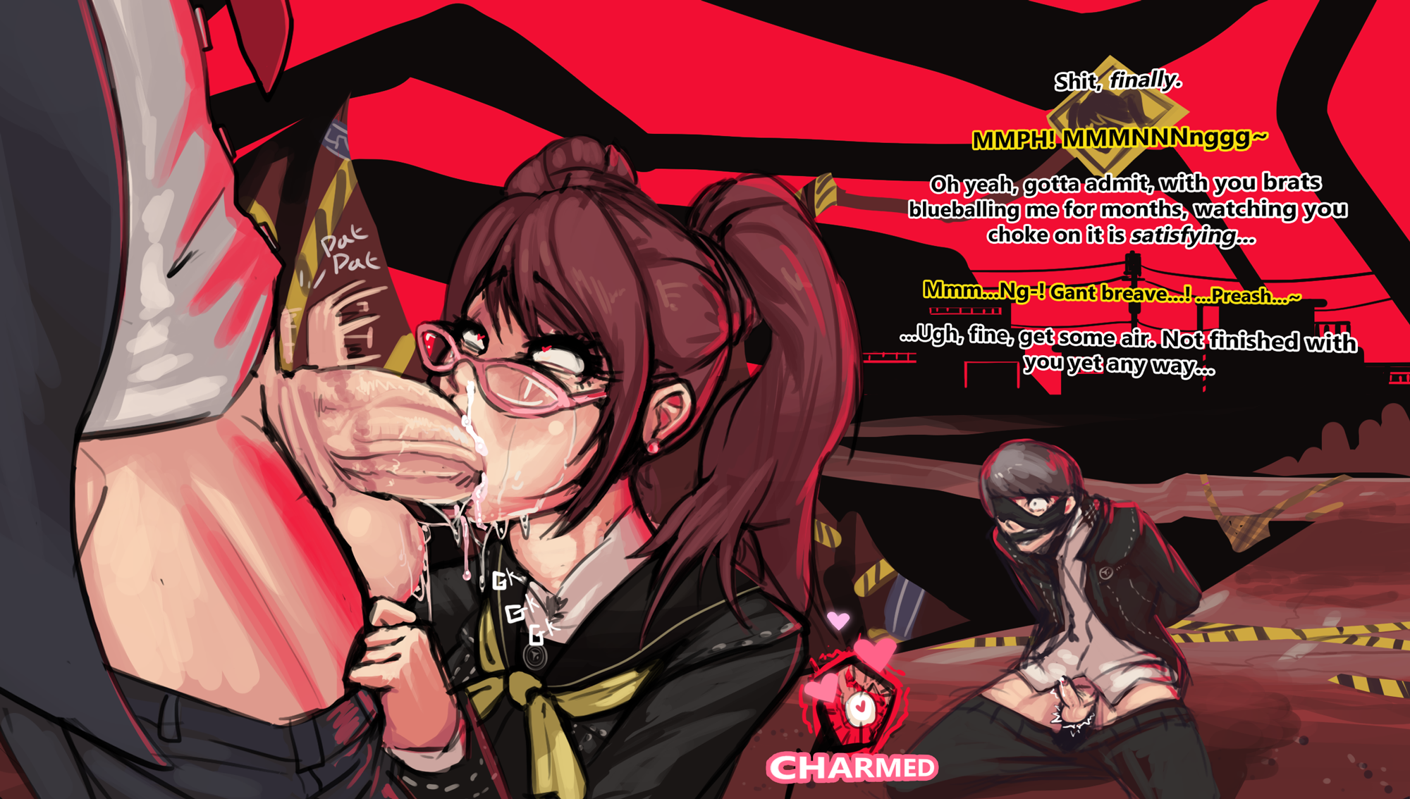 1girls, 2boys, asphyxiation, atlus, balls, big balls, big penis, blackmail, blindfold, boxman, cheating, choking, cock shock, crouching, cum, cum in mouth, deepthroat, dialogue, drool, drool on face, drooling, english text, eyelashes, fellatio, female, gag, glasses, heart-shaped pupils, imminent oral, kujikawa rise, light skin, light-skinned male, male, narukami yu, netorare, ntr, penis, persona, persona 4, pigtails, school uniform, shrunken irises, small penis, small penis humiliation, sucking, sucking balls, sucking testicles, testicles, text, tohru adachi, twintails, uniform, veiny penis