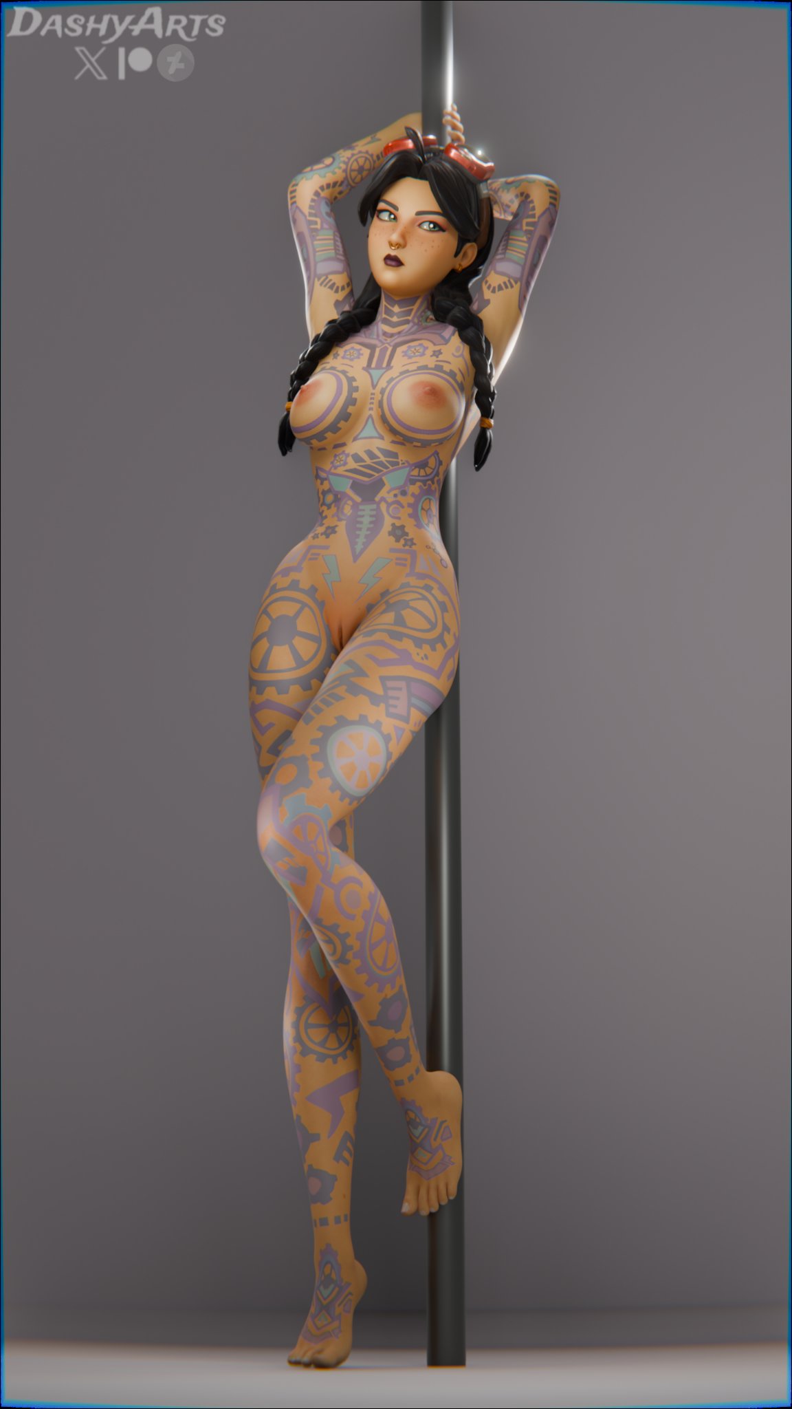 1girls, 2026, 3d, 3d (artwork), abs, alternate version available, black hair, blender, braid, braided hair, braided ponytail, braided twintails, breasts, completely nude, completely nude female, dashyarts, epic games, female, female focus, female only, fortnite, fortnite: battle royale, freckles, freckles on face, goggles, goggles on head, green eyes, jules (fortnite), light skin, light-skinned female, long hair, medium breasts, nose piercing, nude, nude female, petite, petite body, petite female, pole, pole dancing, ponytail, ponytails, pose, posing, presenting, presenting breasts, presenting pussy, pussy, pussy lips, pussy peek, shaved crotch, shaved pussy, showing off, slim waist, small breasts, smile, smiling, tattoo, tattoos, tattoos everywhere, twintails, vagina, watermark
