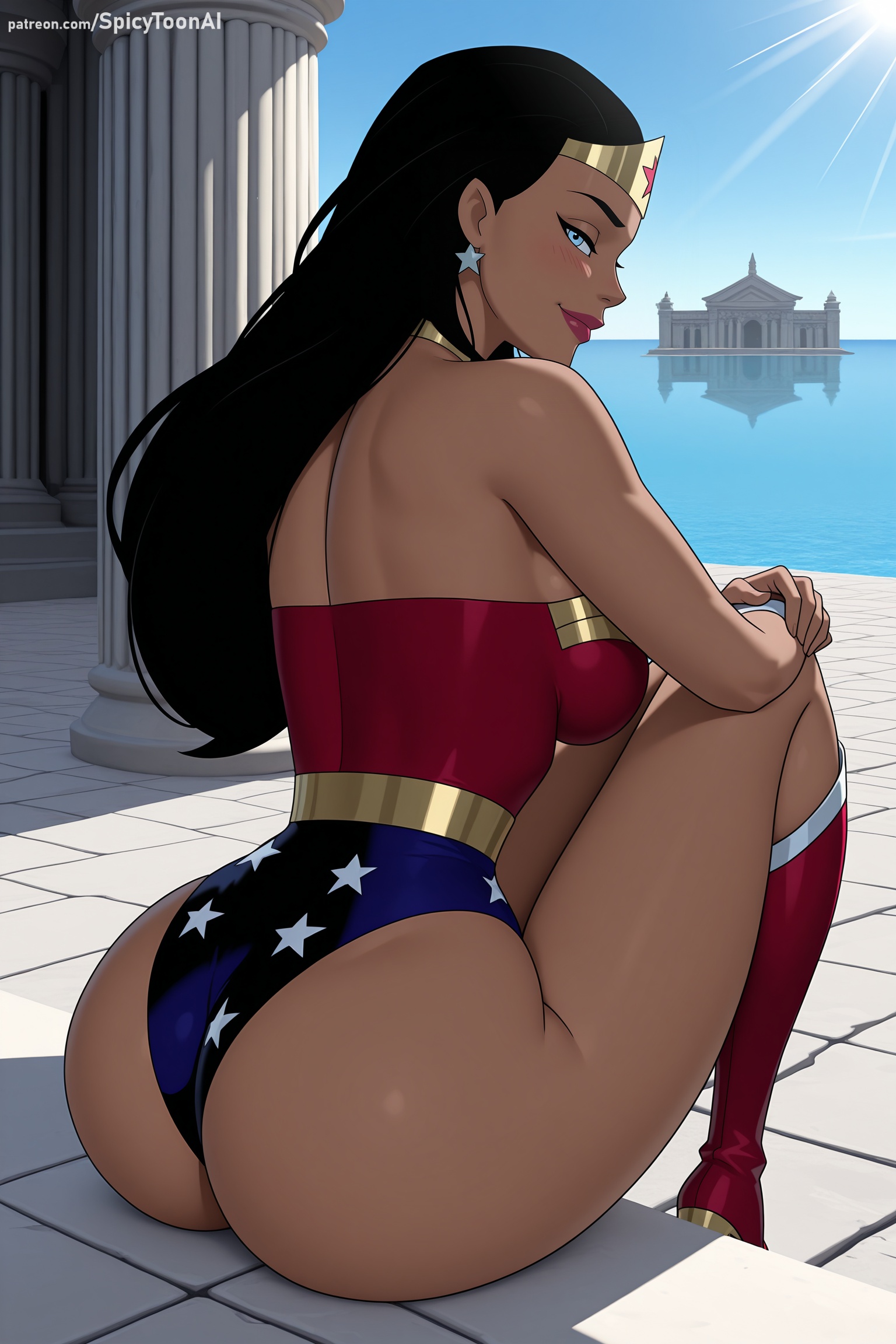 1girl, ai generated, ass, avengers, back, bare shoulders, black hair, blue eyes, boots, breasts, dark skin, dc, dc comics, dcau, diana prince, earrings, hi res, high quality, high resolution, jewelry, justice league, knee boots, leotard, lips, long hair, looking at viewer, looking back, patreon, seductive, sexy, sitting, smile, solo, spicytoonai, star (symbol), star print, thighs, uncensored, watermark, wonder woman, wonder woman (series)
