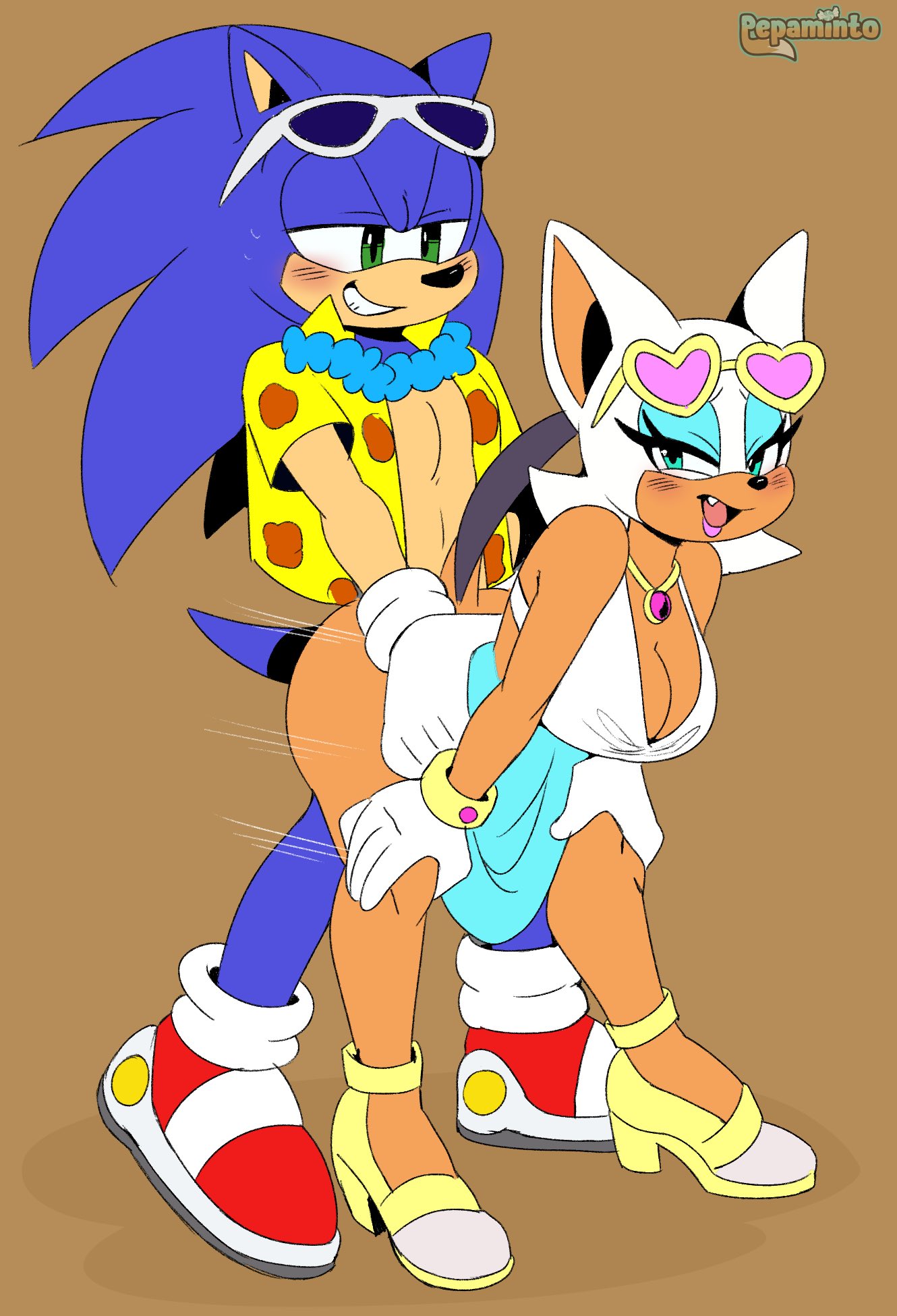 blushing, commission, pepamintop, rouge the bat, sex, sex from behind, sexy, sonic the hedgehog, sonic the hedgehog (series), standing doggy style, standing sex, summer, swimsuit, thick