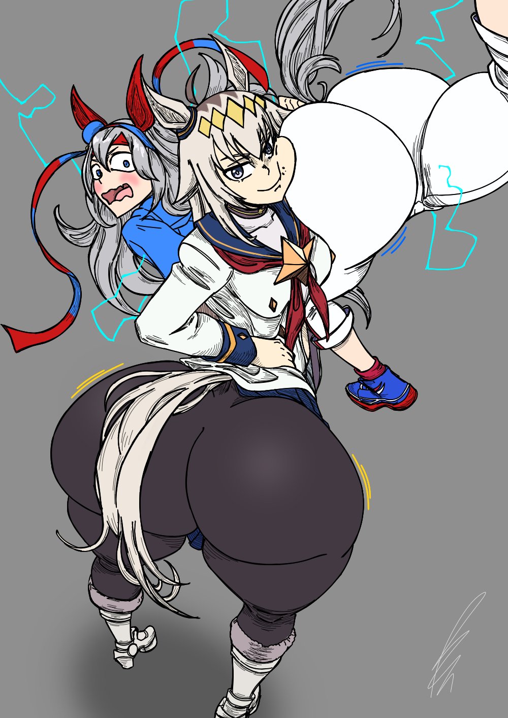 2girls, ahoge, ass, ass focus, bendraws, big ass, female, female only, grey hair, horse tail, huge ass, lighting, long hair, oguri cap (starlight beat) (umamusume), oguri cap (umamusume), tamamo cross (umamusume), umamusume
