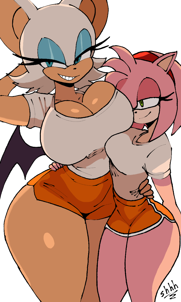 2d, 2d (artwork), 2girls, amy rose, animal ears, anthro, anthro female, anthropomorphic, arm up, arms around torso, arms around waist, artist logo, artist name, bat, bat girl, bat wings, big breasts, big ears, blue eyeshadow, breast envy, breasts, chest height, cleavage, close together, curvaceous, curvy, curvy body, curvy female, curvy figure, curvy hips, digital media (artwork), duo, duo female, duo focus, eyelashes, female, female focus, female only, furry, furry female, green eyes, grin, hairband, hand behind head, hedgehog, hedgehog ears, hedgehog girl, hedgehog humanoid, hooters uniform, huge breasts, kemonomimi, long eyelashes, pink body, pink fur, rouge the bat, sega, shhhmen25, shirt, shorts, simple background, small breasts, small waist, small wings, smaller female, smile, sonic (series), tagme, taller female, thick, thick legs, thighs, voluptuous, voluptuous female, white background, white shirt, wide hips, wings