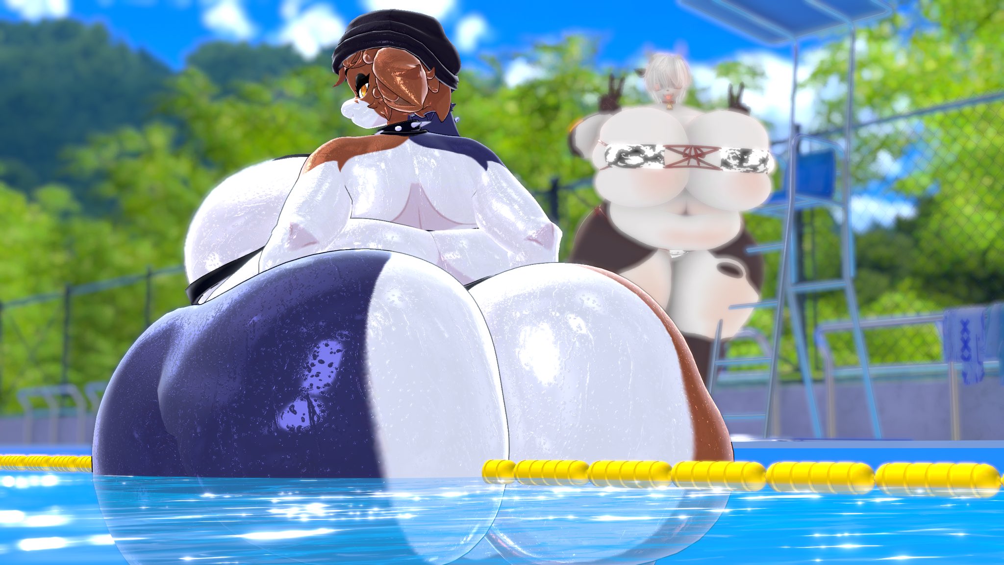 2girls, 3d, anthro, anthro only, ass, bbw, beanie, beanie hat, belly, belly button, belly overhang, big ass, big belly, big belly button, big belly girl, big breasts, big butt, big navel, bikini, bikini bottom, bikini top, black bikini, black bikini bottom, black bikini top, black choker, black clothes, black clothing, black hat, breasts, brown hair, brown hair female, bubble butt, butt, cleavage, cow bell, cow bell collar, cow print, cow print bikini, cow print bikini bottom, cow print bikini top, cow spots, dark choker, dark clothes, dark clothing, dark hat, deep belly button, deep navel, digital drawing (artwork), digital media (artwork), double peace sign, double v, dumptruck ass, dumptruck butt, ears, epic games, fat, fat ass, fat butt, fat female, female, fortnite, fullwhite  fur, furry, gen5samurott, horn, horns, huge ass, huge belly, huge belly button, huge breasts, huge butt, huge navel, hyper ass, large ass, large belly, large breasts, large butt, looking at viewer, massive ass, massive breasts, massive butt, meow skulls (fortnite), meow skulls (nonarycubed), navel, nonarycubed, obese, obese female, orange eyes, overweight, overweight female, peace sign, sagging belly, sagging breasts, short hair, short hair female, smile, smile at viewer, smiley face, smiling, smiling at viewer, smiling female, spots, spotted body, tagme, thick thighs, tongue, tongue out, v sign, wet, wet body, wet skin, white hair, white hair female, wide hips, yellow eyes