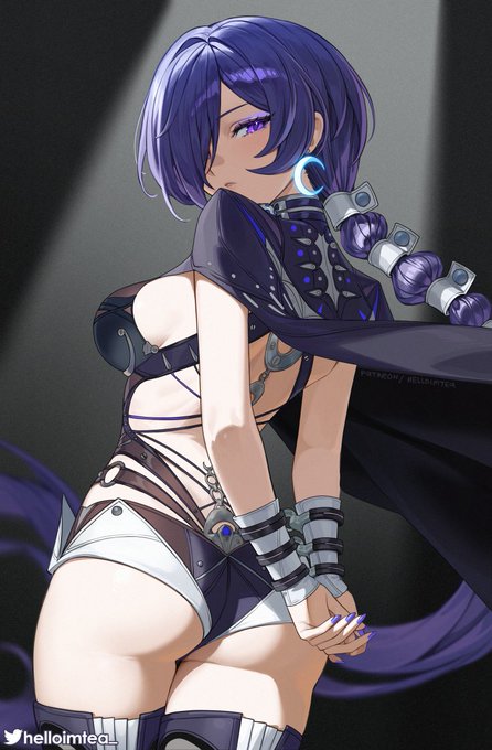 1girls, ass, ass cleavage, big ass, big breasts, blue hair, blue nails, braided hair, colored nails, curvy female, hair over one eye, handcuffed, hands behind back, helloimtea, juicy lips, long hair, looking at viewer, painted nails, promeia (zenless zone zero), sexy, sideboob, solo, solo female, thick ass, thick thighs, zenless zone zero