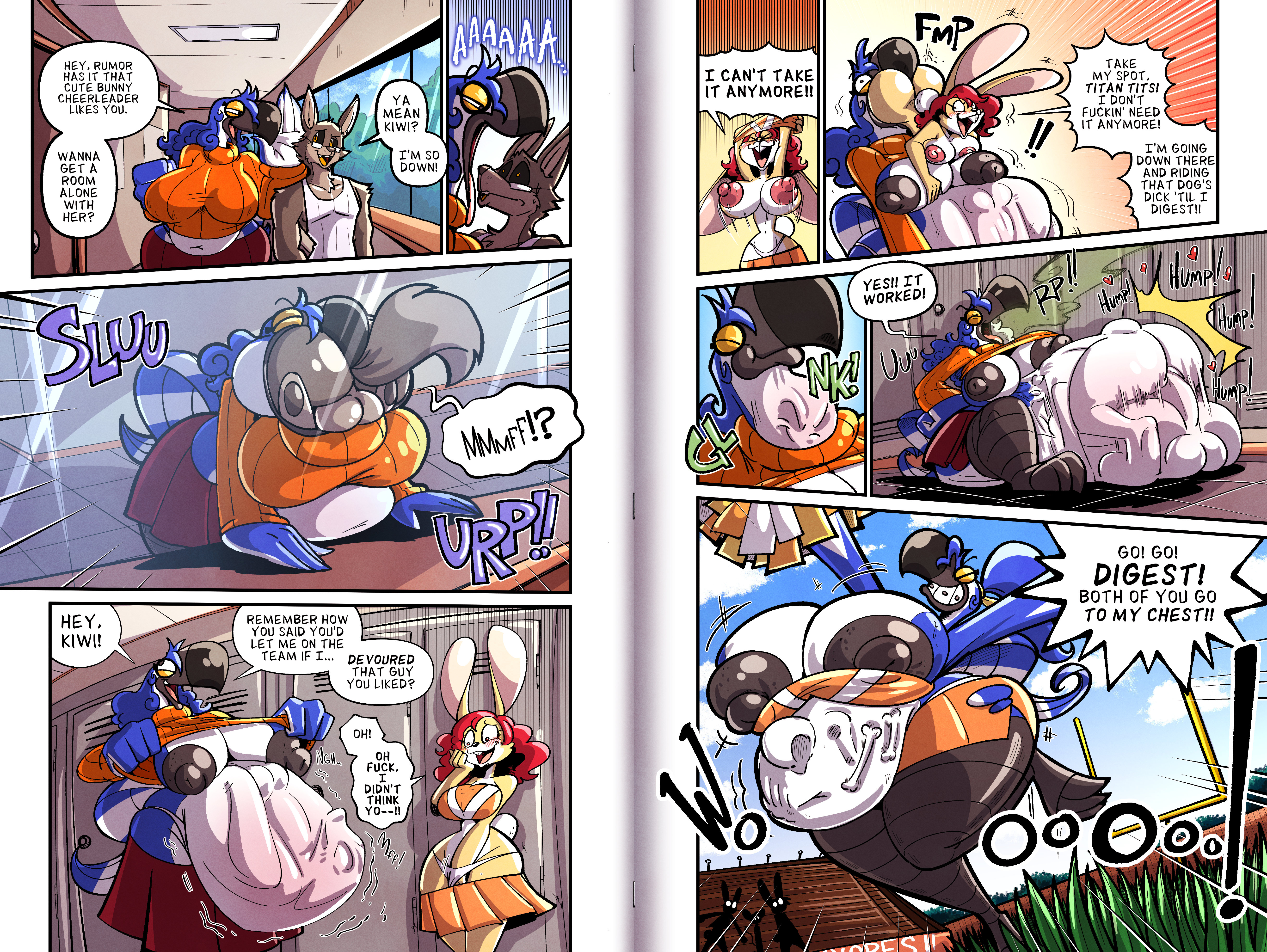 abdominal bulge, absurd res, anthro, avian, balls, bargaining, bird, bone imprints, burping, canid, canine, canis, cheek bulge, cheerleader, college, college student, comic, digestion, fingering, fingering self, football field, genitals, group, hi res, korrie (character), lagomorph, leporid, mammal, masturbation, neck bulge, nerd, oral vore, rabbit, reina (sachasketchy), sachasketchy, school, semi willing vore, sex inside body, sex inside stomach, swallowing, toucan, trio, vore, willing prey, wolf