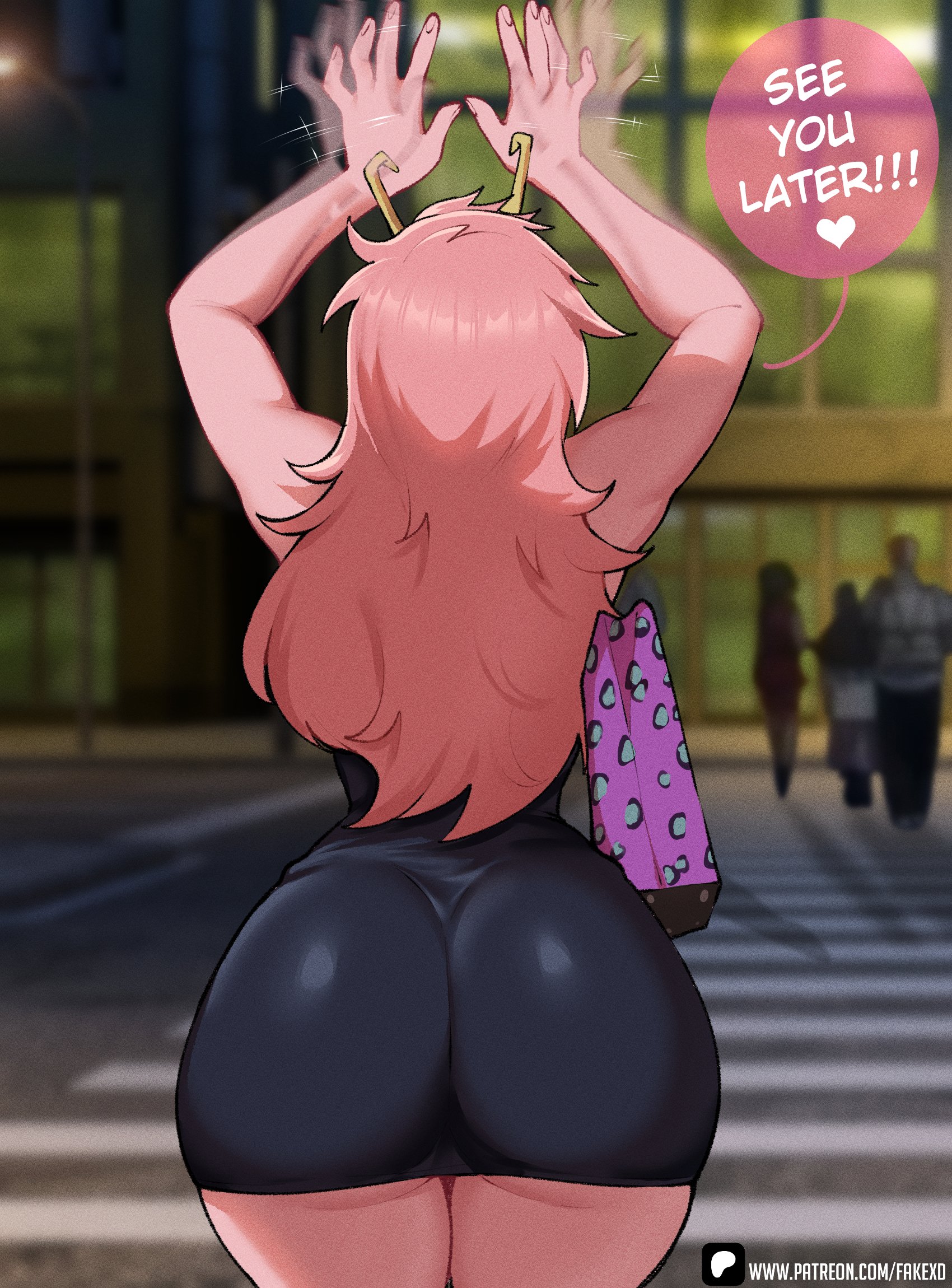 1girl, 1girls, ashido mina, ashido mina time-skip, ass, ass focus, ass of the gods, big ass, boku no hero academia, bubble butt, colored skin, commentary, dumptruck ass, english commentary, english text, fake (lord socar), fakelml, fakexd, from behind, highres, horns, huge ass, large ass, long hair, lord socar, mina ashido, mina ashido time-skip, my hero academia, my hero academia (finale), official alternate costume, official alternate hairstyle, pink body, pink hair, pink skin, post-timeskip, scene reference, solo, spankable ass, speech bubble, thick thighs, thighs, underbutt, waving