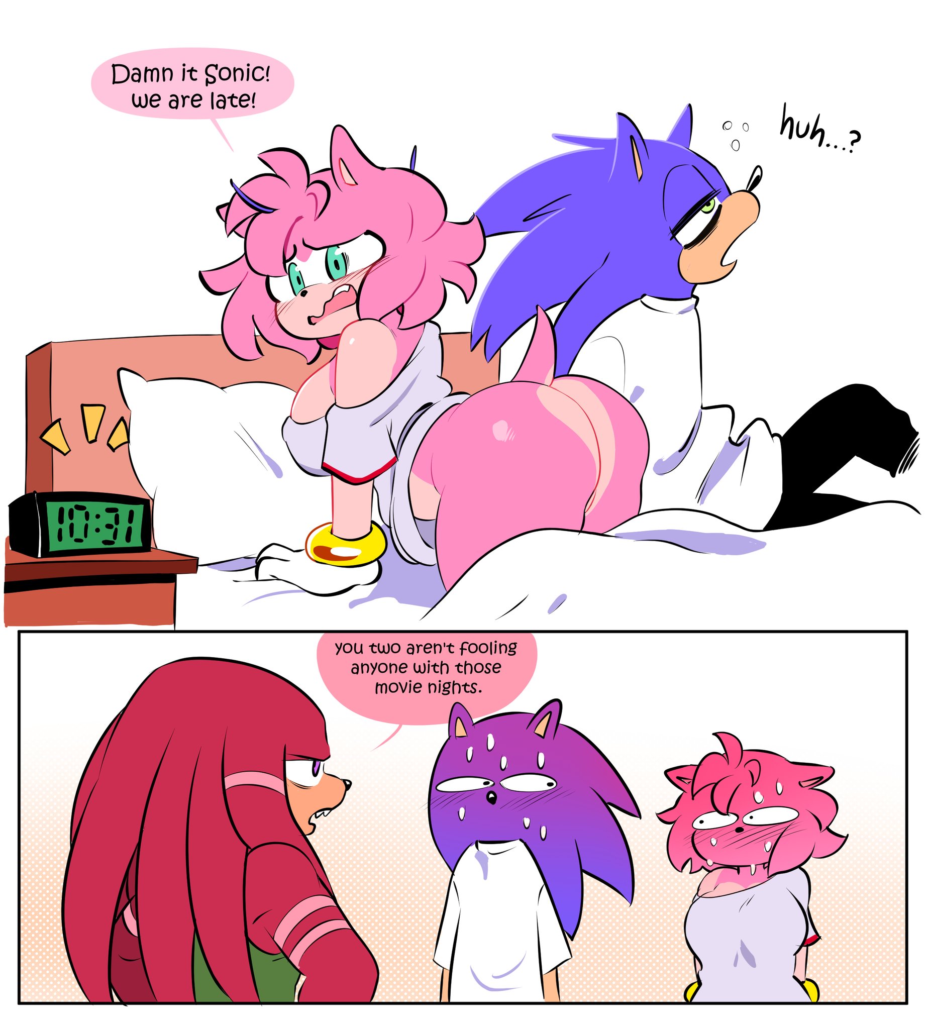 after sex, amy rose, ass focus, big ass, big breasts, caught, cute female, date night, dumb male, embarrassed, embarrassed female, embarrassed male, knuckles the echidna, lmao, quavernsfw, sonic (series), sonic the hedgehog, sonic the hedgehog (series), waking up, wolf cut