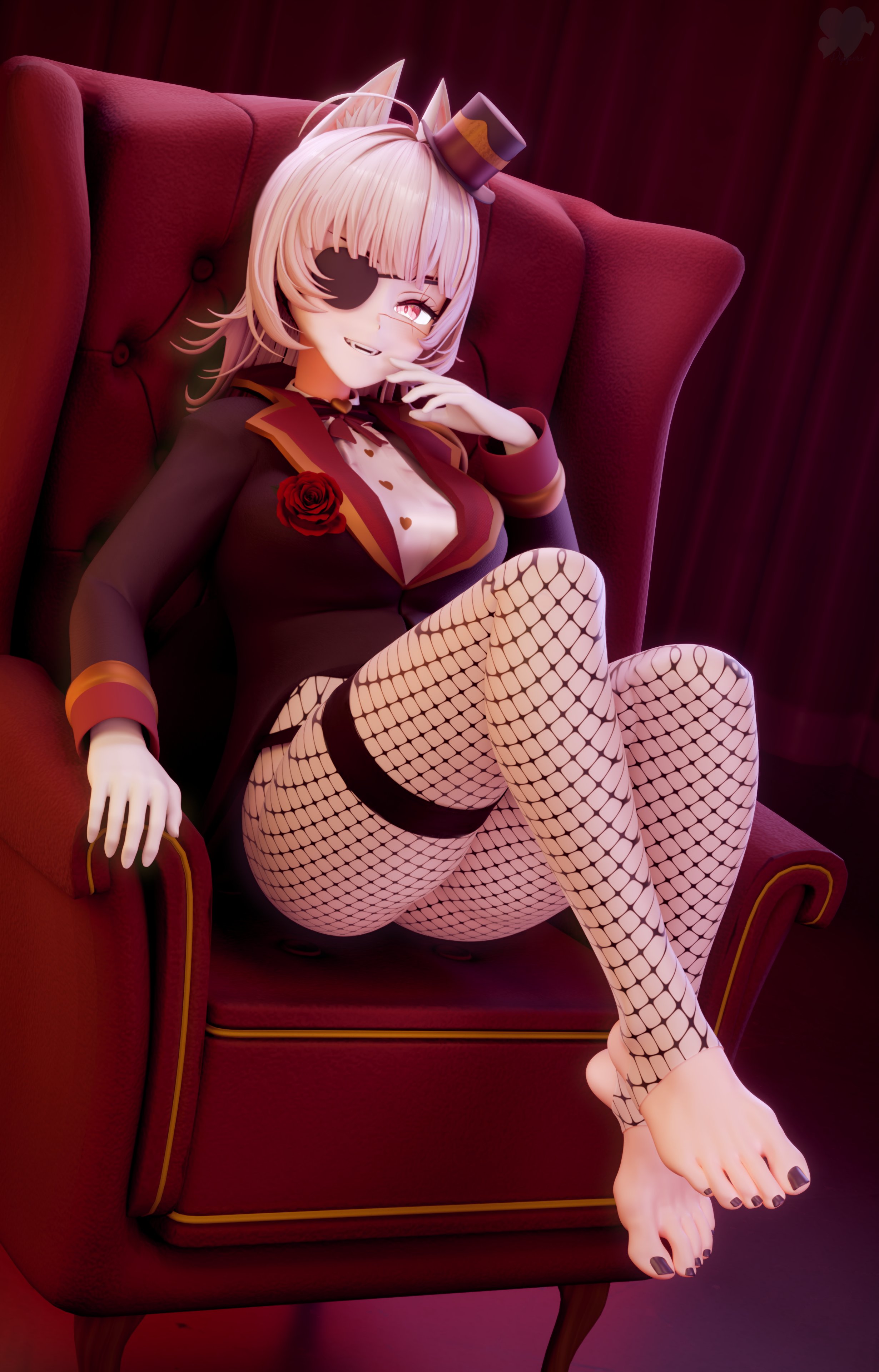 1girls, clothed, clothing, female, female only, fishnet stirrups, indie virtual youtuber, light skin, light-skinned female, pippersad, saruei (vtuber), solo, stirrup fishnets, stirrup legwear, virtual youtuber