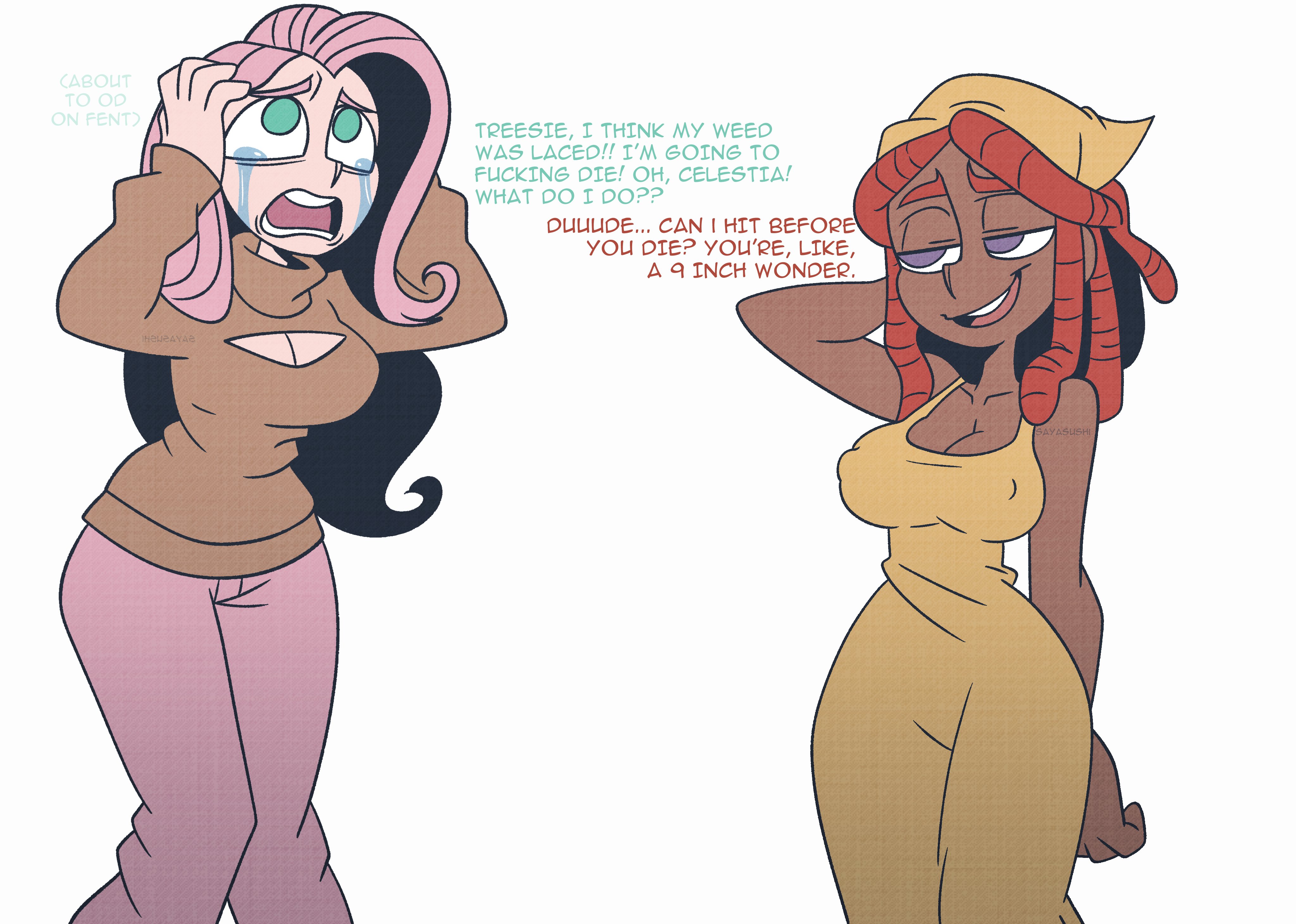 2girls, boobs, breasts, clothing, dark-skinned female, dress, english text, fluttershy (eg), fluttershy (mlp), green eyes, handkerchief, headwear, my little pony, neckline, nipple bulge, orange hair, pink hair, purple eyes, sayasushiswag, simple background, tears, text, tree hugger (mlp), turtleneck, white skin