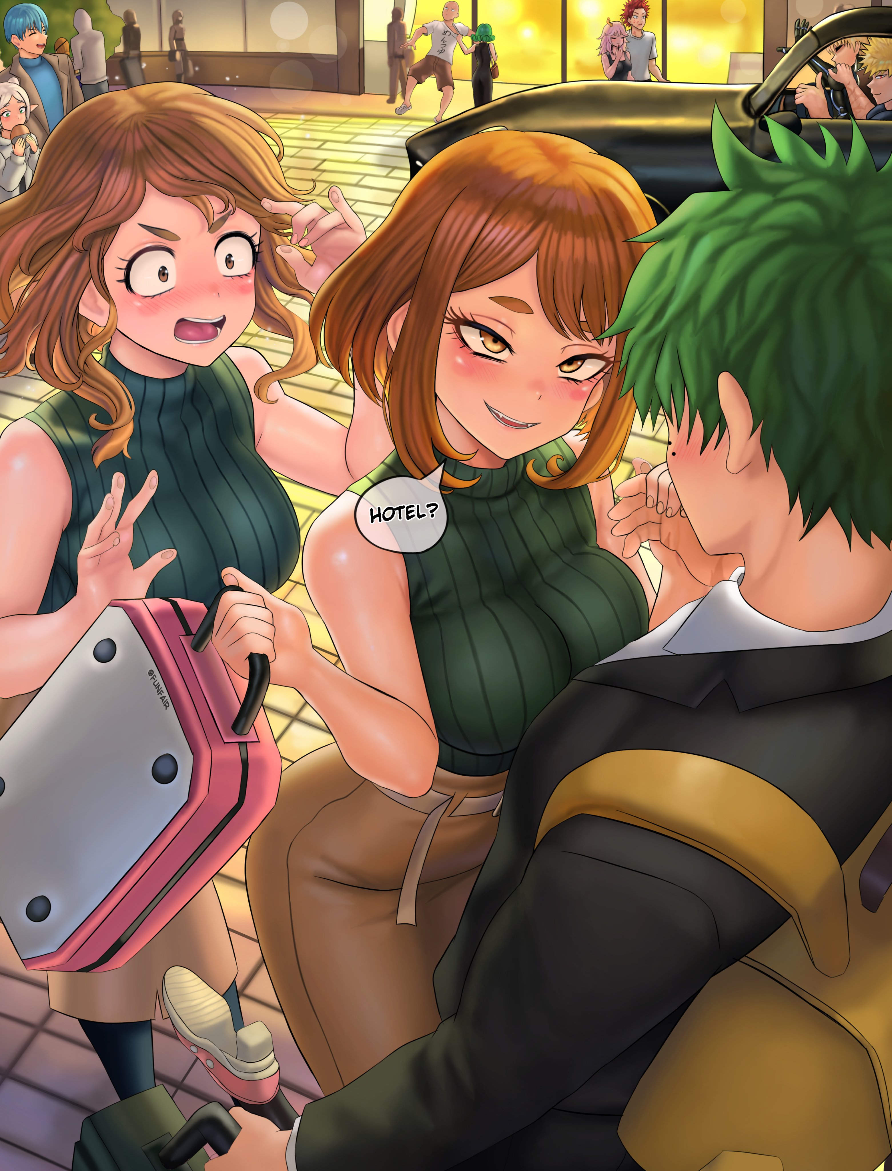 6+girls, absurdres, bakugou katsuki, bare shoulders, black sweater, blush, boku no hero academia, boku no hero academia (finale), breasts, brown eyes, brown hair, brown skirt, commentary, crossover, dual persona, eijirou kirishima, english commentary, eyelashes, fair6805 (rkrk12), frieren, genos, grey hair, highres, himiko toga, itadori yuuji, izuku midoriya, jujutsu kaisen, jujutsu kaisen modulo, kirishima eijiro, kugisaki nobara, kugisaki nobara (gilf), large breasts, male, midoriya izuku, multiple girls, my hero academia, my hero academia (finale), ochako time-skip, ochako uraraka, one-punch man, post-timeskip, rkrk12, saitama, saitama (one-punch man), shirt, short hair, skirt, sousou no frieren, sweater, tatsumaki, toga himiko, uraraka ochaco, uraraka ochako, white shirt, yellow eyes