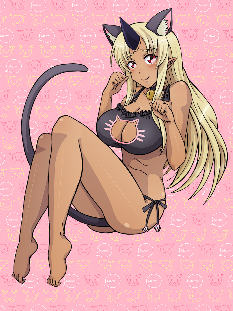 breasts, cat cutout, cat ears, cat tail, female, horn, humanoid, long hair, monster girl, monster musume no iru nichijou, oni, tionishia