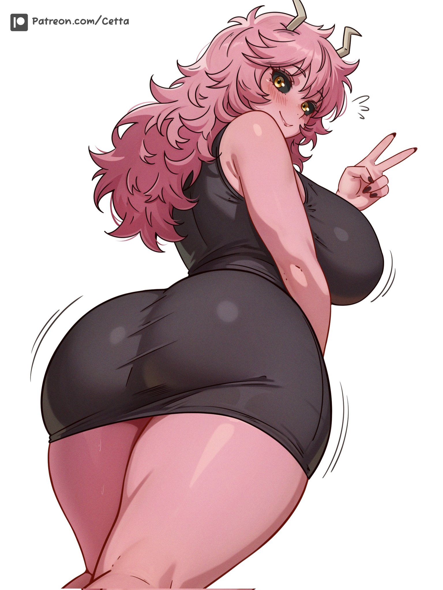 1girl, absurdres, alternate version available, ashido mina, ashido mina time-skip, ass, ass focus, ass of the gods, black dress, black sclera, boku no hero academia, breasts, bubble butt, colored skin, commentary, dress, dumptruck ass, english commentary, highres, horns, hourglass figure, huge ass, large ass, large breasts, long hair, looking at viewer, mina ashido, mina ashido time-skip, my hero academia, my hero academia (finale), pink body, pink hair, pink skin, post-timeskip, reus (cetta), simple background, slim waist, solo, spankable ass, tongue, tongue out, v, white background, wide hips, yellow eyes, yellow horns