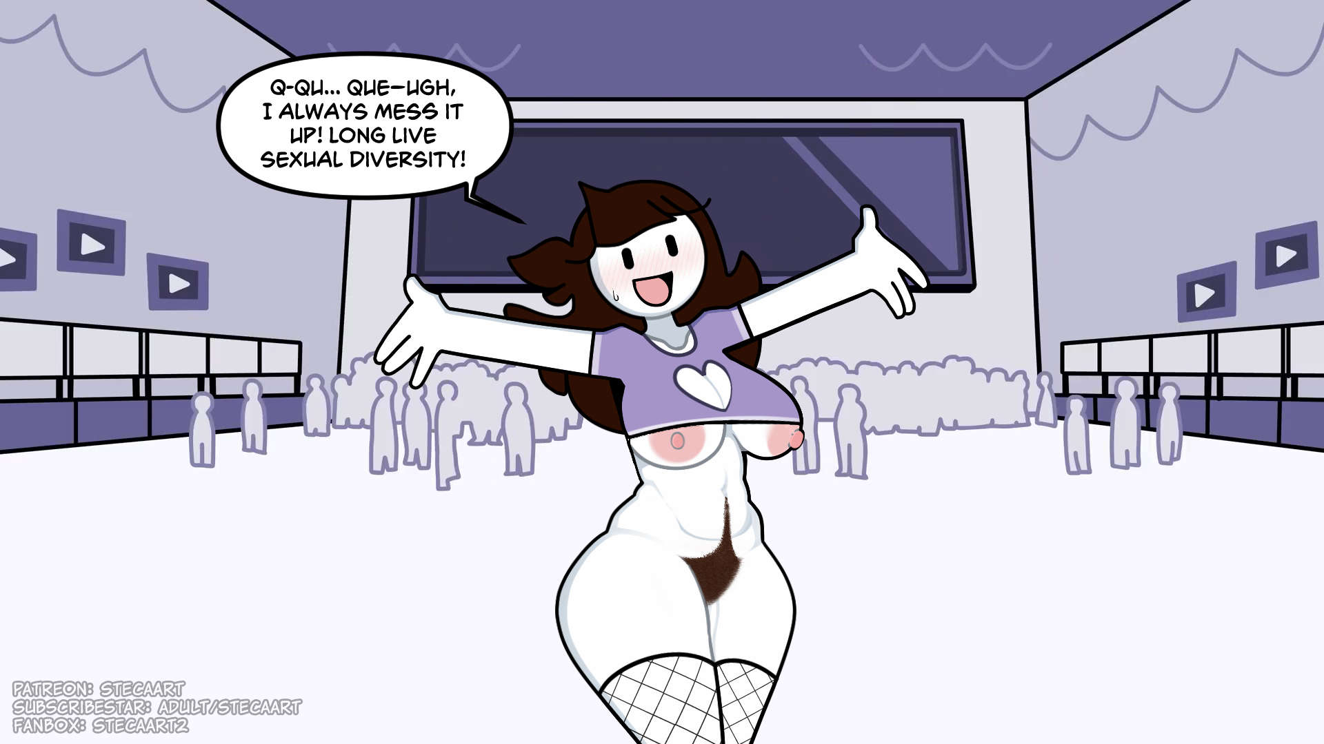 :d, 16:9 aspect ratio, 6+others, accurate art style, areolae, audience, bangs, black eyes, black panties, blunt bangs, blush, blush stickers, bodily fluids, bottomless, bottomless female, breasts, brown hair, cleavage cutout, clothing, clothing cutout, colored skin, completely nude, crop top, cropped shirt, crowd, curvaceous, curvy, edit, edited, english, english dialogue, english text, excessive pubic hair, exhibitionism, female, female pubic hair, fishnet legwear, fishnet stockings, fishnet thighhighs, fishnets, flat color, happy trail, heart cutout, high resolution, highleg, highleg panties, human, imminent sex, implied sex, indoors, jaiden, jaiden (jaiden animations), jaiden animations, jaidenanimations, large areolae, large breasts, long hair, looking at viewer, mob face, navel, nipples, no bra, nude, open mouth, open-mouth smile, outstretched arms, panties, pubic hair, pubic hair peek, public, public indecency, public nudity, purple shirt, real person, sexually suggestive, shirt, short sleeves, smile, solid circle eyes, solid oval eyes, solo, solo focus, stadium, stage, standing, steca, sweat, sweatdrop, thelazyart, thick legs, thighhighs, underboob, underwear, watching, web address, white skin, wide hips, youtube, youtuber, youtuber character, youtuber girl, youtubers