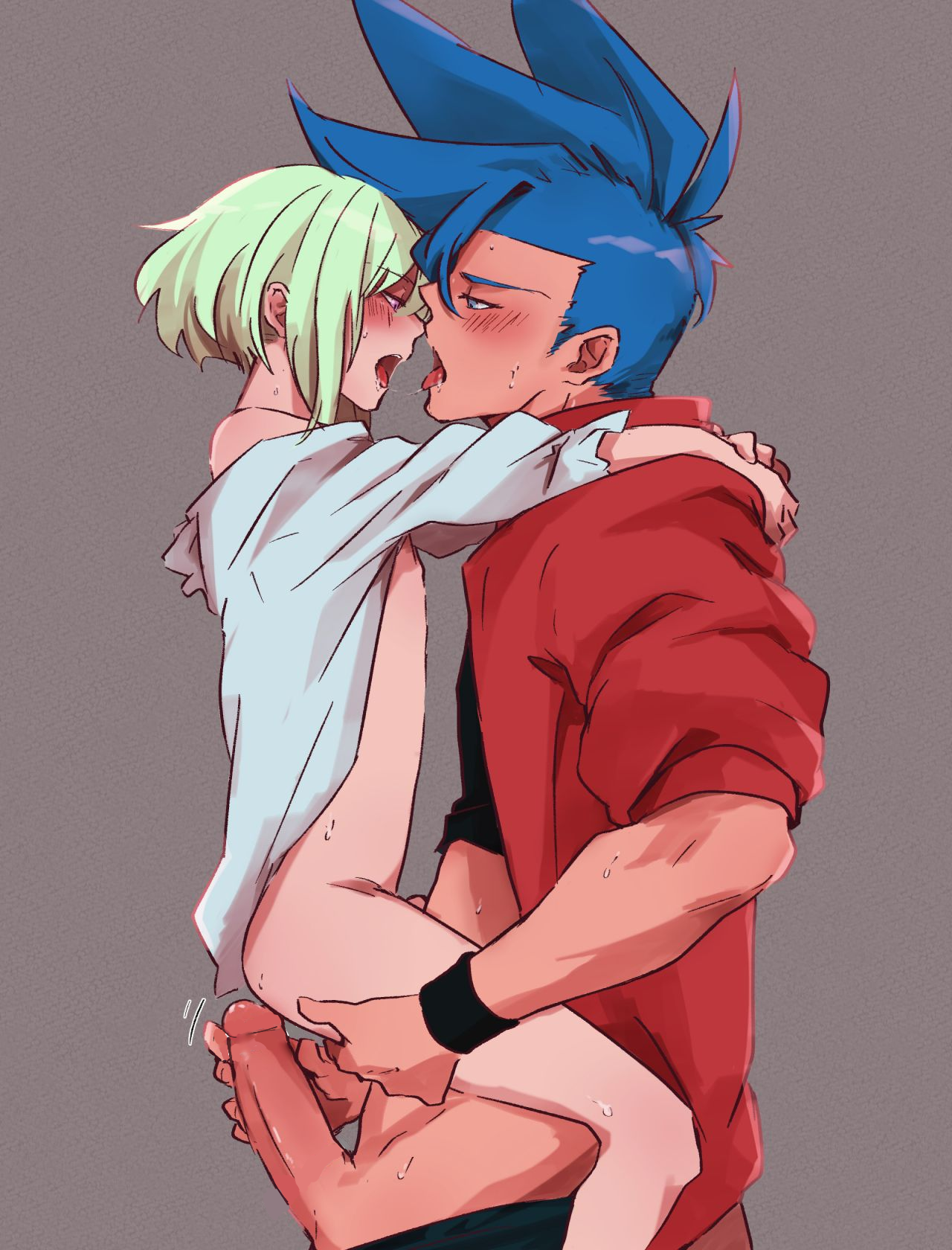 , 1femboy, 2boys, androgynous, ass grab, aus vaka, blush, blushing, bob cut, clothing, femboy, femboysub, feminine male, galo thymos, gay, gay sex, imminent anal, leg grab, lifting, lifting person, lio fotia, male, penis, petite, petite body, petite male, promare, short hair, size difference, slim, slim male, slim waist, twink, yaoi