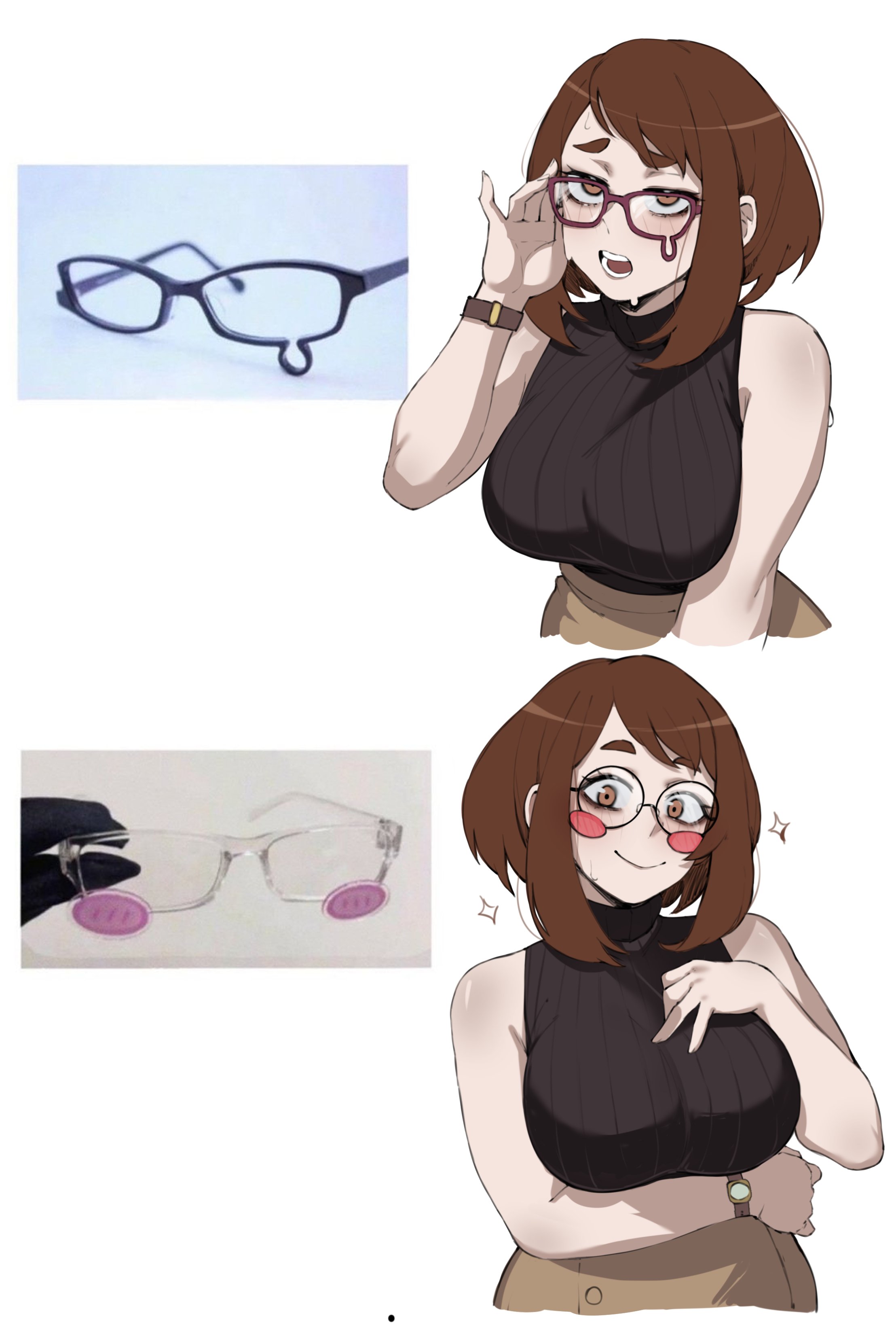 1girl, absurdres, bespectacled, black sweater, black-framed eyewear, blush, blush stickers, boku no hero academia, breasts, brown eyes, brown hair, closed mouth, commentary, english commentary, glasses, highres, large breasts, looking at viewer, masoq095, meme, multiple views, my hero academia, my hero academia (finale), ochaco uraraka, ochako time-skip, ochako uraraka, post-timeskip, purple-framed eyewear, round eyewear, short hair, simple background, sleeveless, sleeveless sweater, smile, sweater, uraraka ochaco, watch, white background, yellow trying expressive glasses (meme)