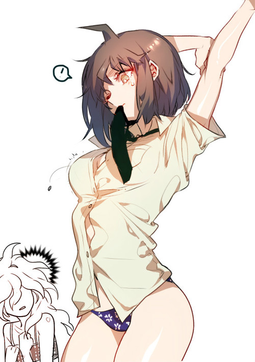 2girls, ahoge, arms up, big breasts, breast envy, breasts, brown hair, button gap, cleavage, clothing, cowboy shot, danganronpa, danganronpa 2: goodbye despair, female, genderswap, genderswap (mtf), hinata hajime, looking down, medium breasts, mouth hold, nagito komaeda, one eye closed, popped button, rule 63, shocked, short hair, straight hair, sweatdrop, thighs, underboob, underwear, undressing