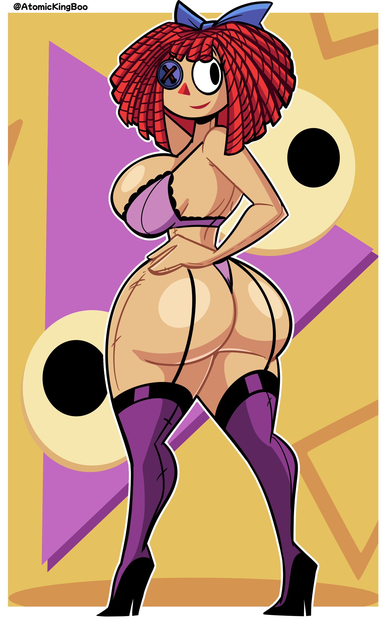 1girls, 2026, 2d, 2d (artwork), 2d artwork, artist name, ass, ass focus, atomickingboo, bewitching thighs, big ass, big breasts, bow, bow accessory, bow in hair, breasts spilling out, button eye, digital media (artwork), doll, doll girl, female, female focus, female only, garter, garter belt, garter belt leggings, garter belt socks, garter straps, garters, glitch productions, gooseworx, hand on ass, heels, high heels, light skin, light-skinned female, lingerie, looking back, milf ass, milf body, mostly nude, mostly nude female, nude, nude female, pinup, posing for the viewer, ragatha, ragatha (tadc), ragatha (the amazing digital circus), ragdoll, rear view, red hair, red hair female, red-haired female, redhead, redhead female, redheaded female, solo, solo female, stitches, stockings, the amazing digital circus, thick thighs, thighs, triangle nose