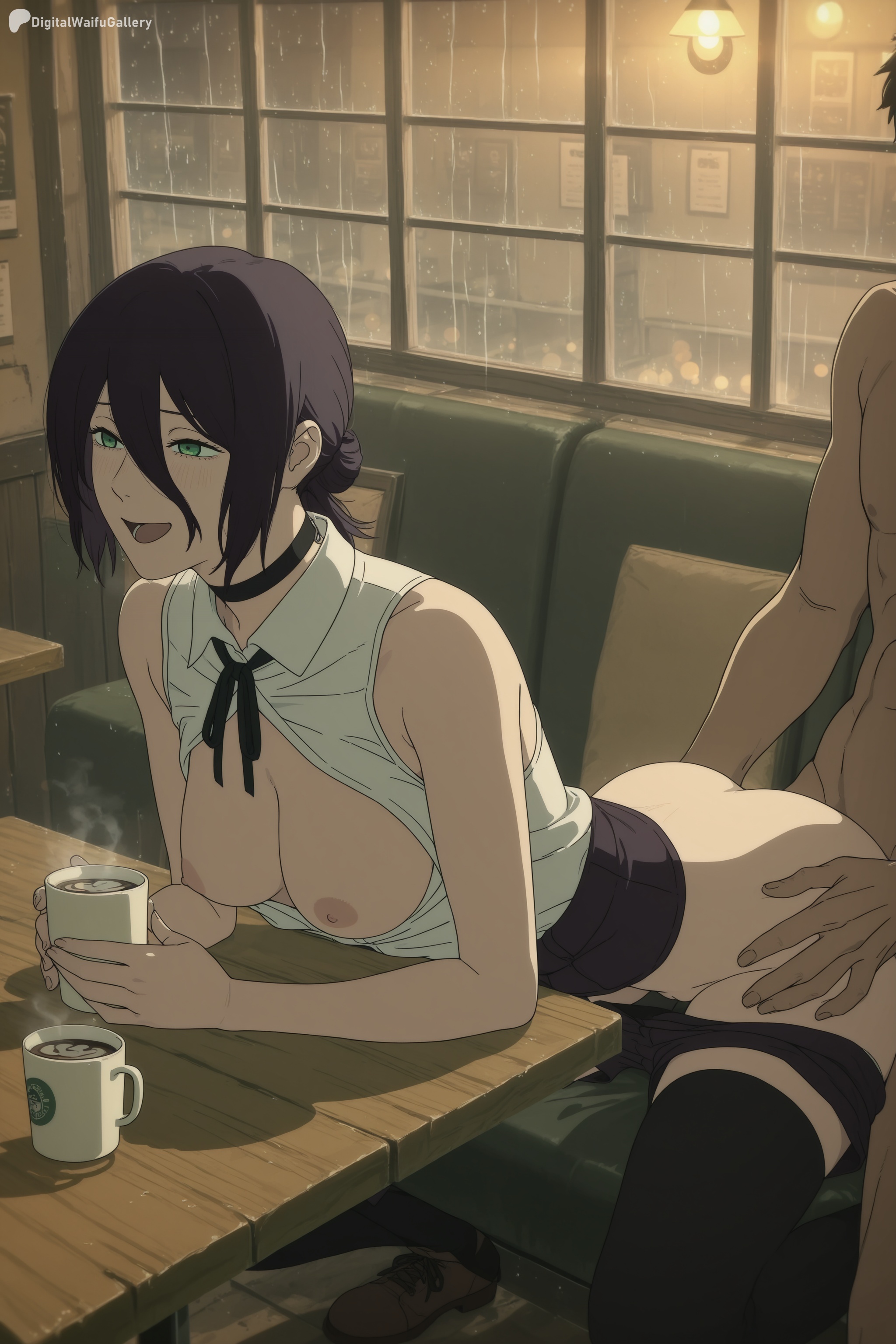 1boy, 1girl, ai generated, ass, bare shoulders, bent over, black choker, black hair, black panties, black ribbon, black shorts, black thighhighs, breasts, breasts out, chainsaw man, choker, clothed female nude male, clothed sex, clothes pull, coffee, collared shirt, couch, cup, dark-skinned male, digitalwaifugallery, doggystyle, green eyes, hair between eyes, hair bun, hetero, hi res, high quality, high resolution, holding, holding cup, indoors, medium breasts, mug, neck ribbon, nipples, nude, open clothes, open mouth, open shirt, panties, panty pull, patreon, rain, reze (chainsaw man), ribbon, seductive, sex, sex from behind, sexy, shirt, short hair, shorts, shorts pull, single hair bun, sleeveless, sleeveless shirt, smile, steam, table, thighhighs, uncensored, underwear, watermark, white shirt, window