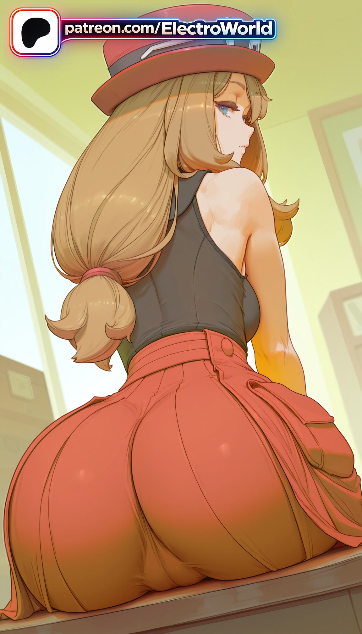 1girl, 1girls, 2026, ai generated, artist name, ass, blue eyes, boobs, breasts, bust, chest, desk, electroworld, hat, hi res, high quality, high resolution, highres, honey hair, indoors, long hair, low-tied long hair, patreon, patreon username, pokemon, pokemon xy, serena (pokemon games), serena (pokemon), sitting, stable diffusion, tits, watermark