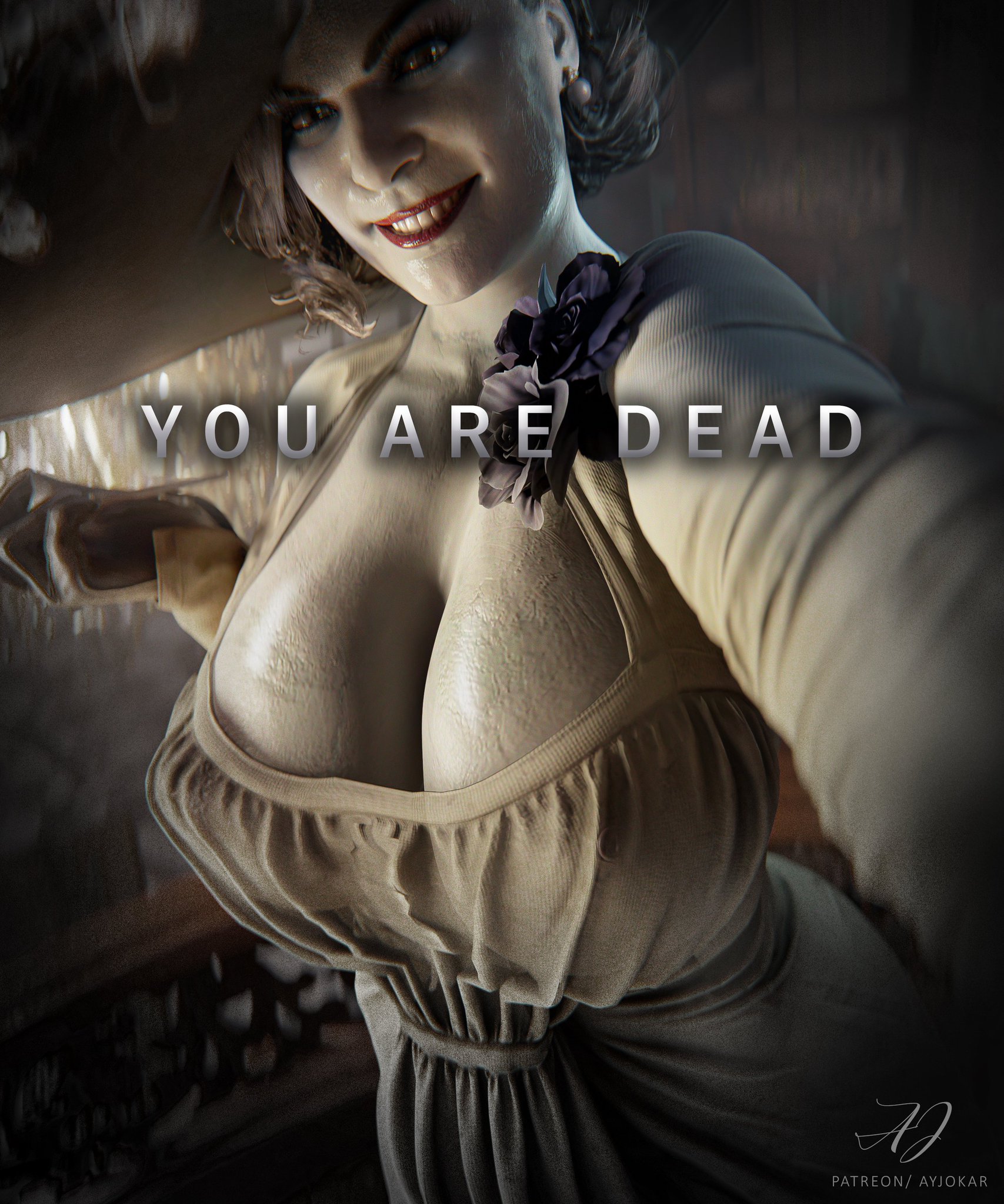 1girls, 3d, 3d (artwork), alcina dimitrescu, artist name, artist signature, ayjokar, background, big breasts, breasts, busty, cleavage, clothed, clothed female, death by snoo snoo, earrings, english, english text, eyebrows, eyelashes, female focus, female only, flower, front view, fully clothed, fully clothed female, game over, game over screen, grin, grinning, grinning at viewer, huge breasts, jokar, light skin, light-skinned female, lipstick, massive breasts, mature female, milf, mommy, monster, monster girl, pale skin, pale-skinned female, patreon, purple flower, red lipstick, resident evil, resident evil 8: village, sexy body, sexy female, smile, smiling, smiling at viewer, solo, solo female, solo focus, teeth, teeth showing, text, video game character, video games, you are dead