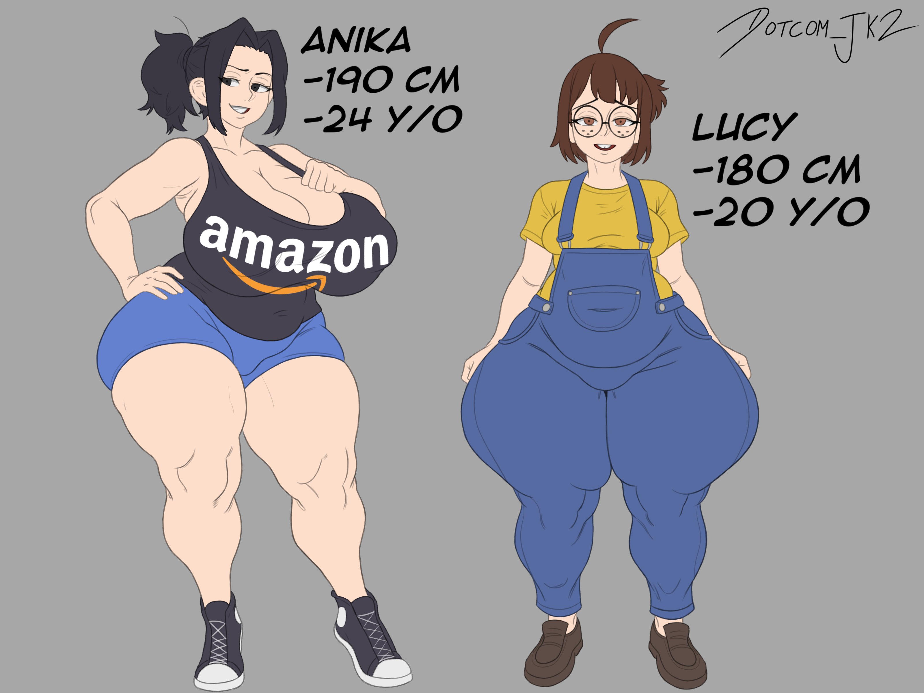 2girls, ahoge, amazon (company), artist signature, big breasts, black hair, boobs, breasts, brown eyes, brown hair, buckteeth, clothing, dotcom jk2, dotcom-chan, freckles, glasses, huge boobs, huge breasts, lucy (dotcom jk2), nerd, nerdy, nerdy female, overalls, shorts, simple background, size difference, thick thighs, thighs, twitter user oc, white skin, wide hips