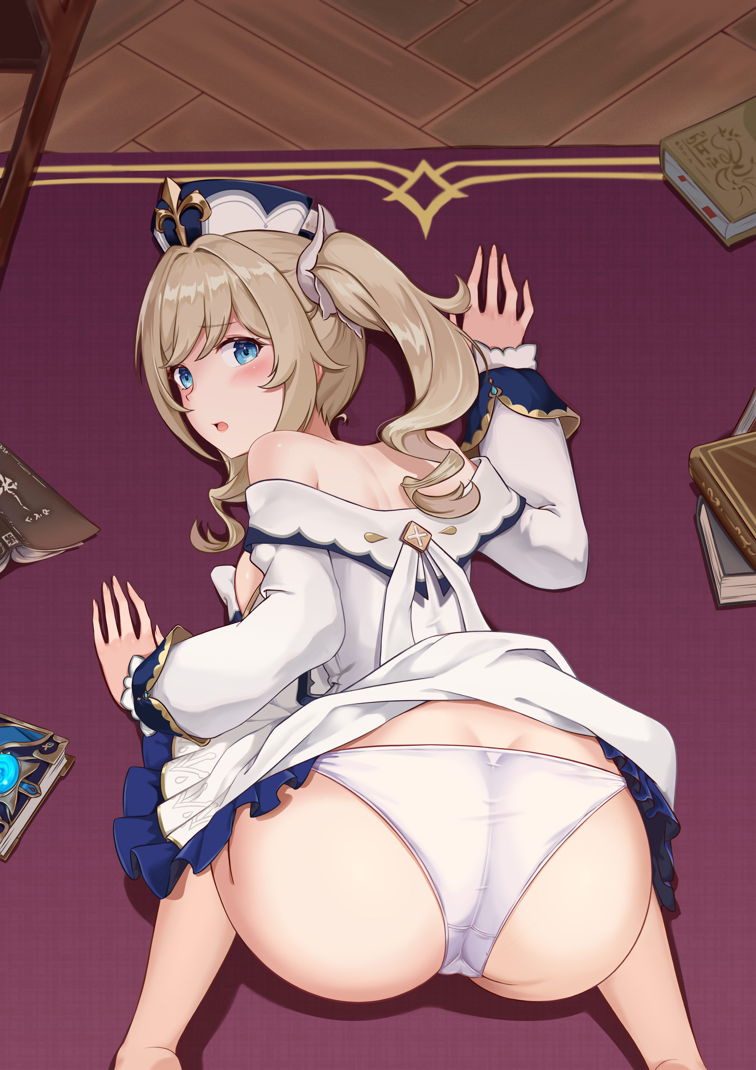 1girls, all fours, ass, barbara (genshin impact), blonde hair, blue eyes, blush, bubble ass, bubble butt, dress, female, female only, from behind, genshin impact, huge ass, looking at viewer, nun, panties, twintails, underwear, wardrobe malfunction