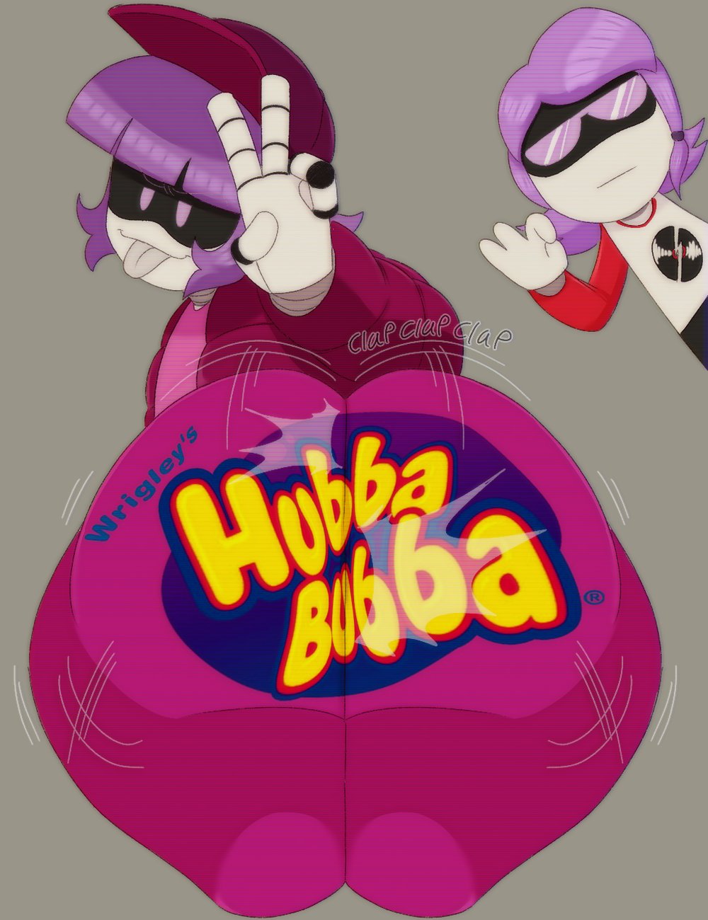 2d (artwork), abrahamslapper, ass focus, big ass, dave strider (cosplay), female, female only, glitch productions, homestuck, hubba bubba, hubba bubba bubble butt, hyper, hyper ass, incorrect eye color, milf, motion lines, murder drones, nori (murder drones), novelty pants, onomatopoeia, peace sign, purple hair, robot, robot girl, shaking ass, twerking, yeva (murder drones)