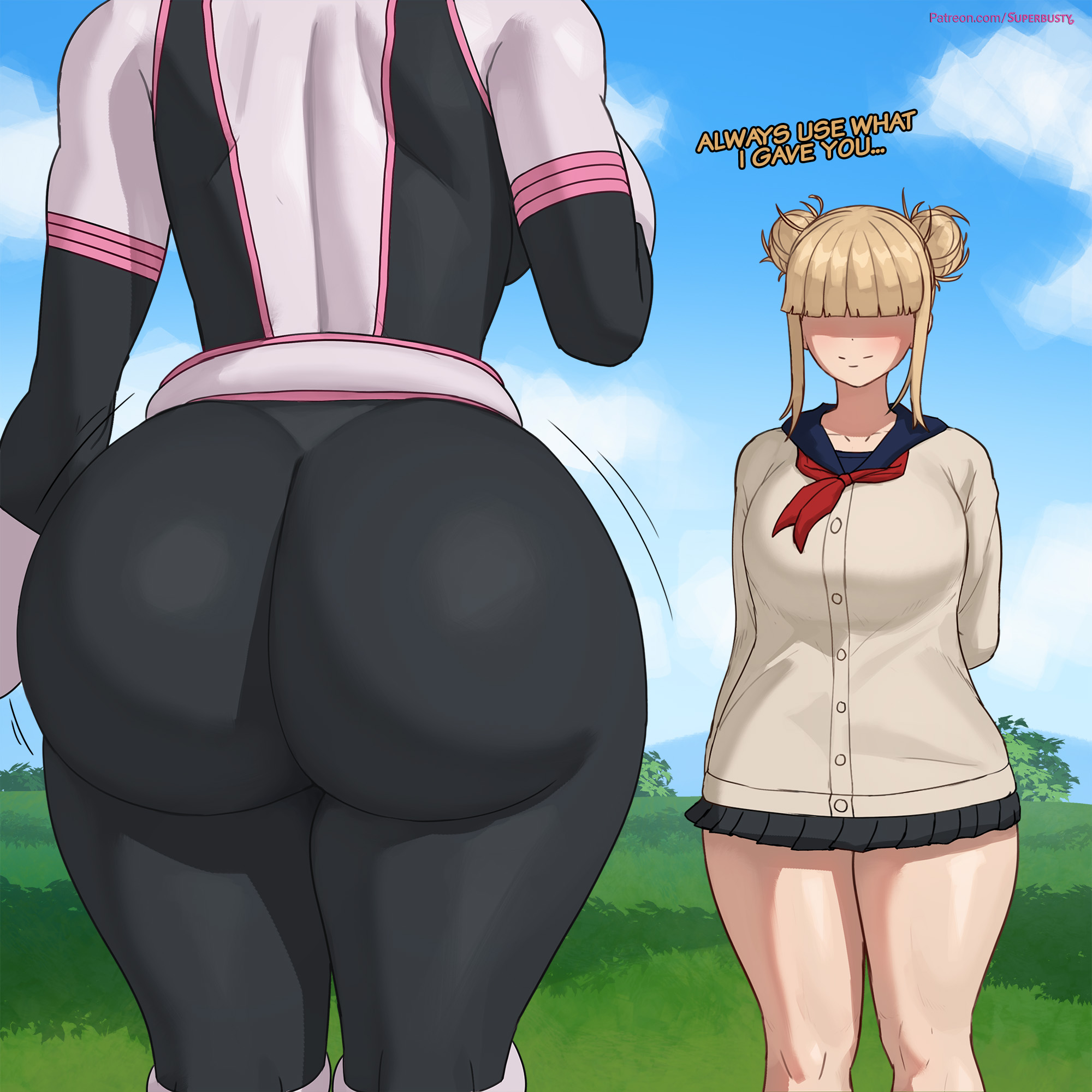 2girls, ass, big ass, boku no hero academia, breasts, brown hair, bubble butt, canonical scene, clothing, fat ass, female, female only, gluteal fold, hero outfit (mha), himiko toga, huge ass, huge breasts, large ass, my hero academia, my hero academia (finale), ochako uraraka, post-timeskip, shounen jump, side view, solo, superbusty, thick ass, thick thighs, thunder thighs, wide hips