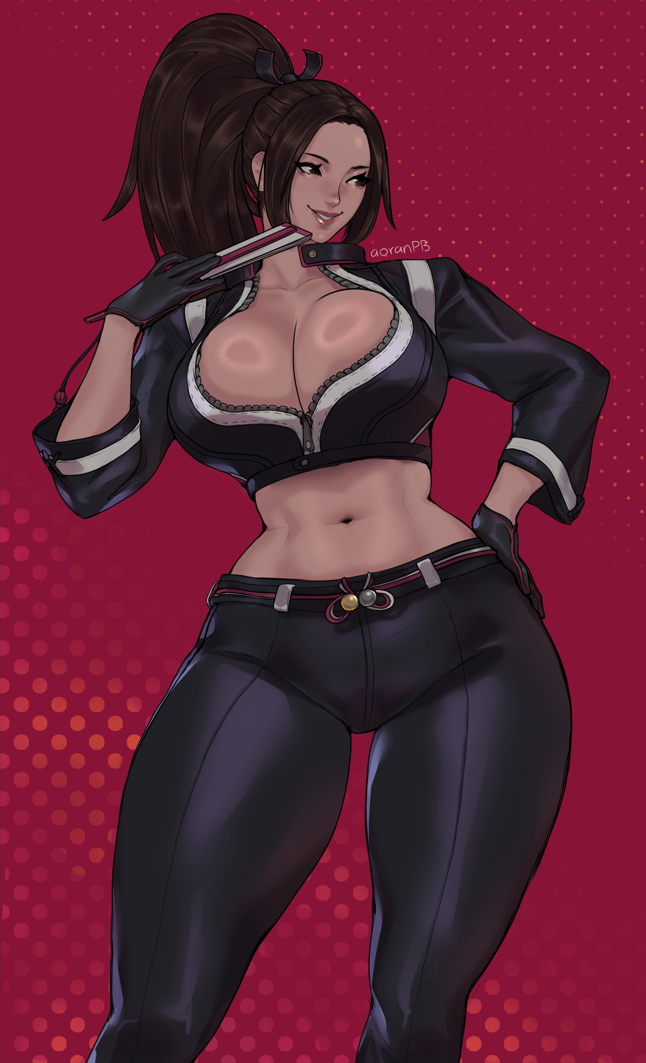 1girl, abs, absurdres, aoran p.b., aoranpb, artist name, biker girl, black gloves, black jacket, black pants, breasts, brown eyes, brown hair, cleavage, collarbone, commentary, crop top, cropped jacket, english commentary, fatal fury, fatal fury: city of the wolves, feet out of frame, female, forehead, gloves, gradient background, hair ornament, hand fan, hand on hip, hand on own hip, high ponytail, highres, holding, holding fan, huge breasts, jacket, king of fighters, large breasts, leather gloves, lips, long hair, looking to the side, mai shiranui, mai shiranui (city of the wolves), mai shiranui (street fighter 6), midriff, narrow waist, navel, no bra, official alternate costume, pants, parted bangs, parted lips, pink lips, ponytail, red background, skin tight, smile, solo, street fighter, street fighter 6, sweat, thick thighs, tight clothes, tight pants, toned, toned female, unzipped, wide hips, zipper