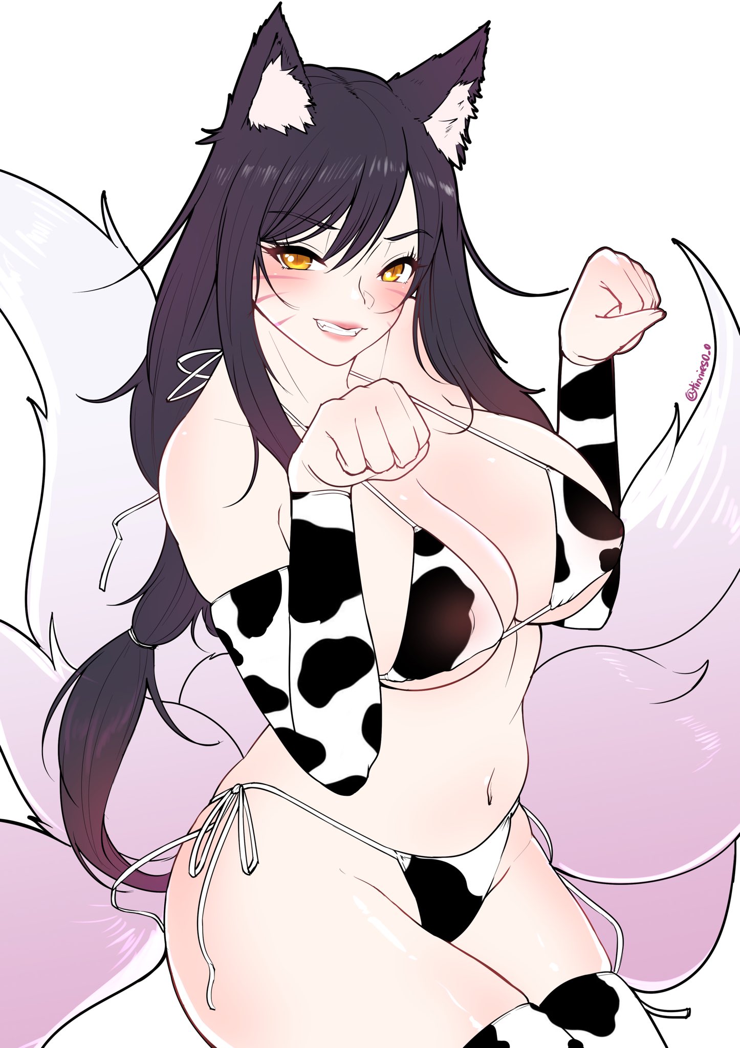 1girls, ahri, big breasts, breasts, cow print, female, female only, large breasts, league of legends, looking at viewer, solo, tinnies