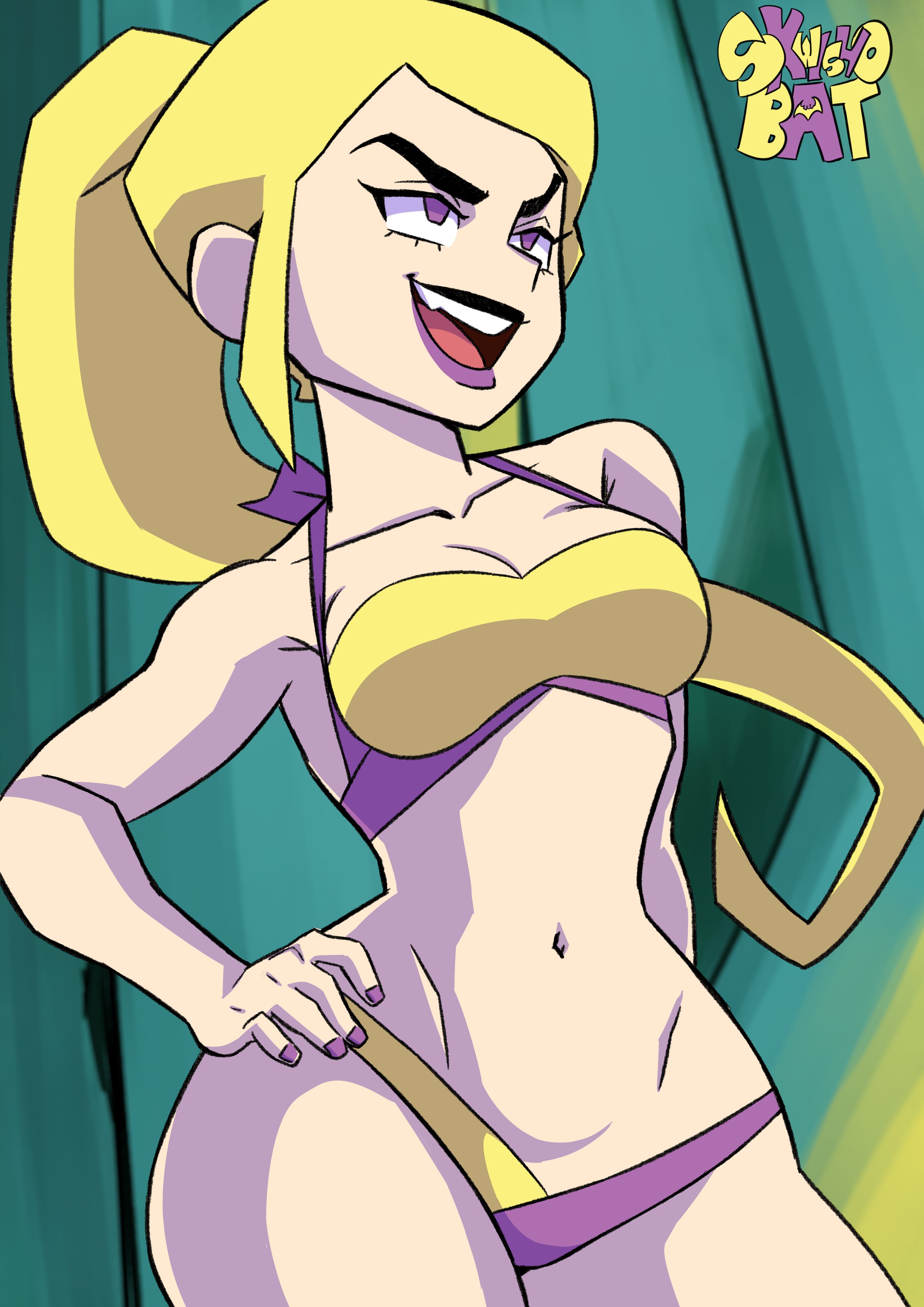 1girls, absurd res, artist logo, artist name, bikini, blonde female, blonde hair, breasts, contrapposto, cowboy shot, female, female only, gameoverse, glitch productions, hand on hip, hi res, lips, lipstick, long hair, miss information (gameoverse), nail polish, nails, navel, open mouth, ponytail, pose, purple eyes, skwishobat, smile, solo, teeth, tied hair, tongue