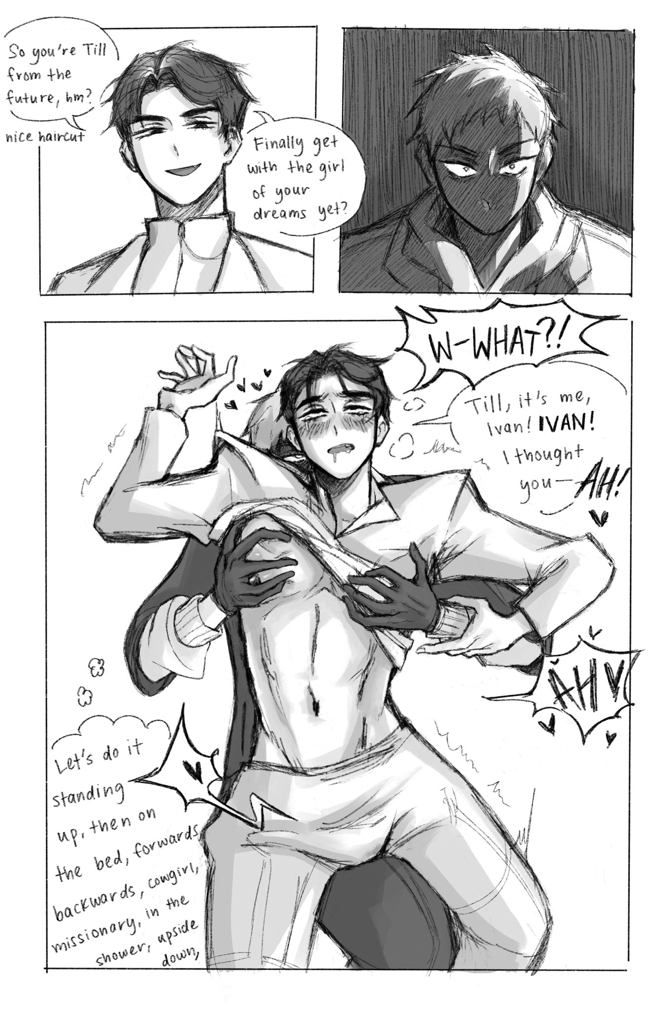2boys, alien stage, blush, comic, drooling, english text, grabbing pecs, greyscale, heart, humping, ivan (alien stage), kiroalnst, till (alien stage), time travel, yaoi