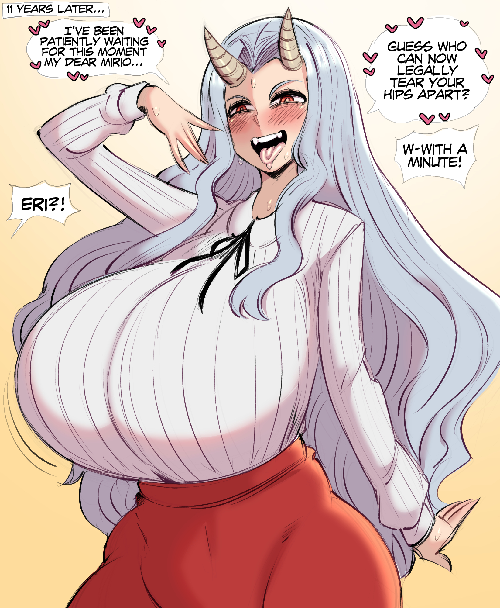 1girl, aged up, blush, boku no hero academia, breasts, commentary, dress, english commentary, eri (boku no hero academia), eri (my hero academia), gradient background, grey hair, heart, highres, horns, large breasts, long hair, long sleeves, my hero academia, open mouth, orange background, red eyes, red skirt, saltyxodium, shirt, skirt, solo, sweat