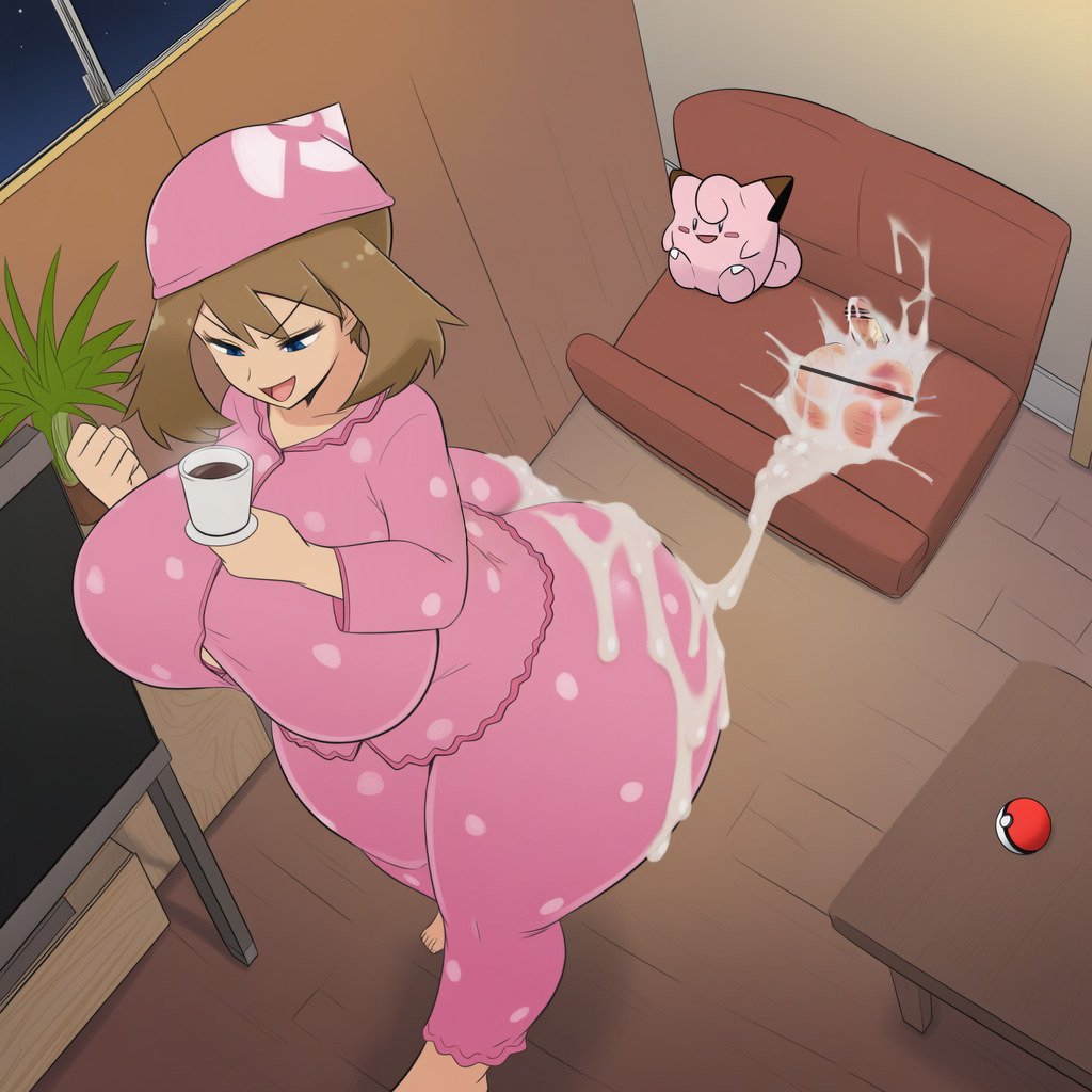 1boy, 1girl, after buttjob, ai generated, ass, big ass, big breasts, buttjob, censored penis, cum, cum on ass, evil smile, female, femdom, flattened by ass, huge ass, huge testicles, humiliation, male, may (pokemon), nintendo, no penetration, penis, pokemon, sitting on penis, trapped, trembling balls
