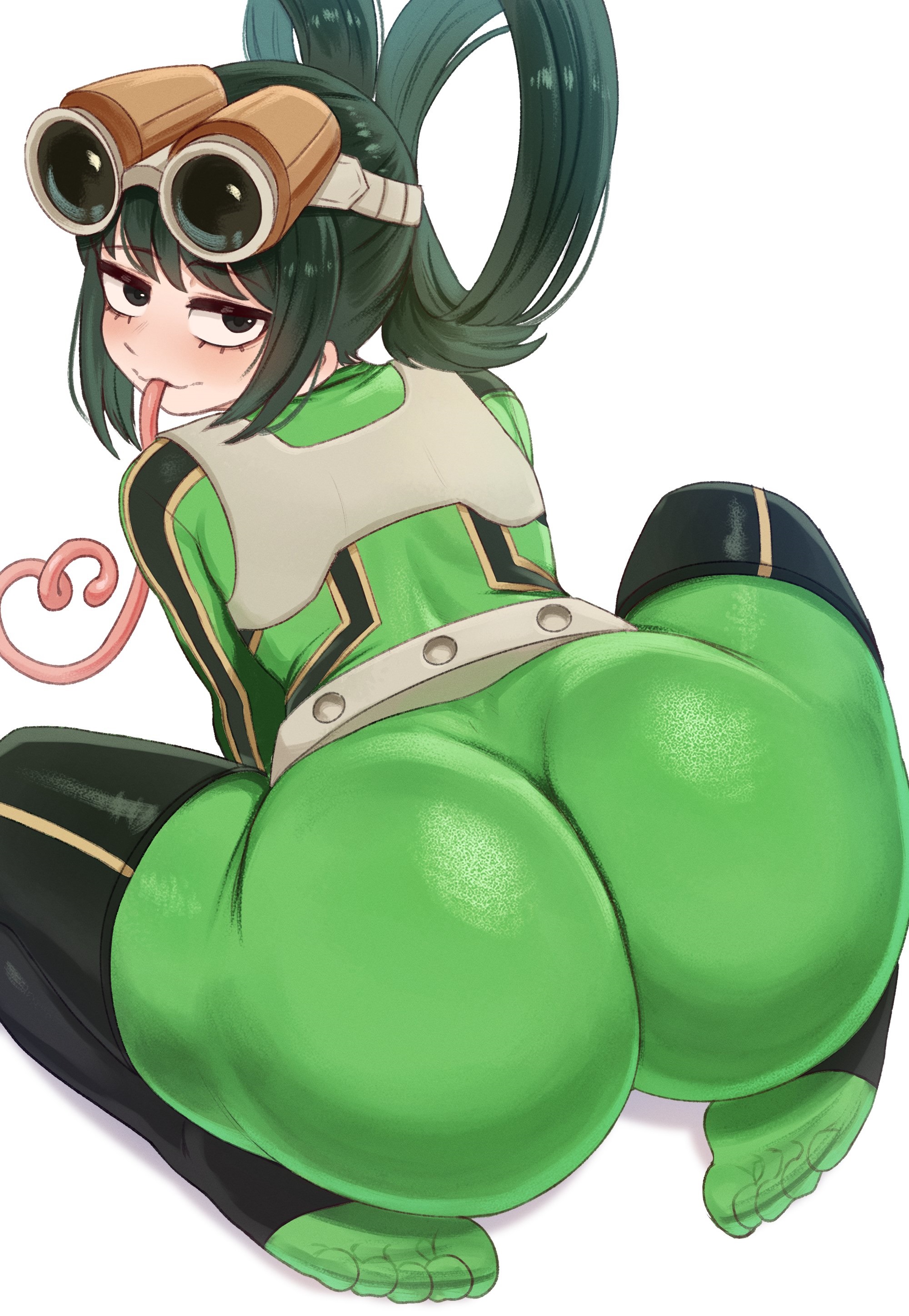 1girl, absurdres, adult tsuyu, ass, ass focus, asui tsuyu, black eyes, black hair, boku no hero academia, breasts, brikot, commentary, english commentary, frog girl, green hair, hair rings, highres, huge ass, long hair, long tongue, looking at viewer, looking back, my hero academia, my hero academia (finale), official alternate hairstyle, post-timeskip, simple background, solo, thighs, tongue, tongue out, tsuyu asui, white background