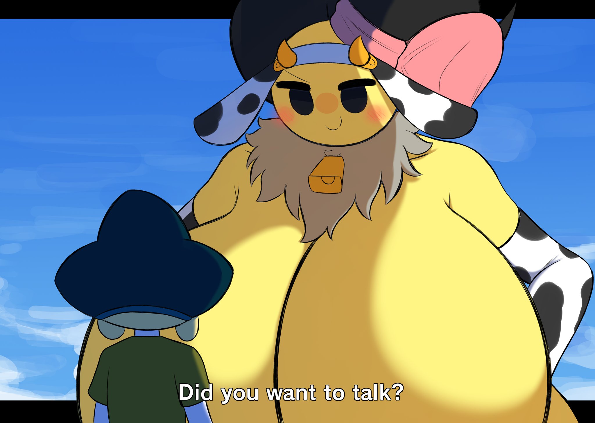 1boy, 1girls, 2d, annabee (woebeeme), bee, bee girl, blushing, cow ears, cow girl, cow print, cow print armwear, cowbell, did you want to talk?, enormous breasts, giantess, hyper breasts, meme, nintendo, original, tagme, tomodachi life, tomodachi life: living the dream, woebeeme