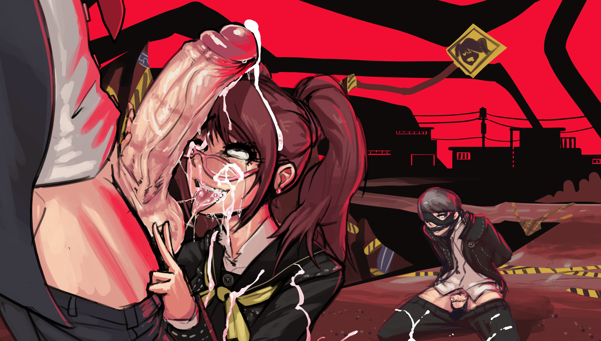 1girls, 2boys, after fellatio, atlus, big penis, blindfold, boxman, cheating, cuckold, cum, cum in mouth, cum on face, female, glasses, kujikawa rise, light skin, light-skinned male, male, narukami yu, netorare, ntr, penis, persona, persona 4, tohru adachi, tongue, tongue out