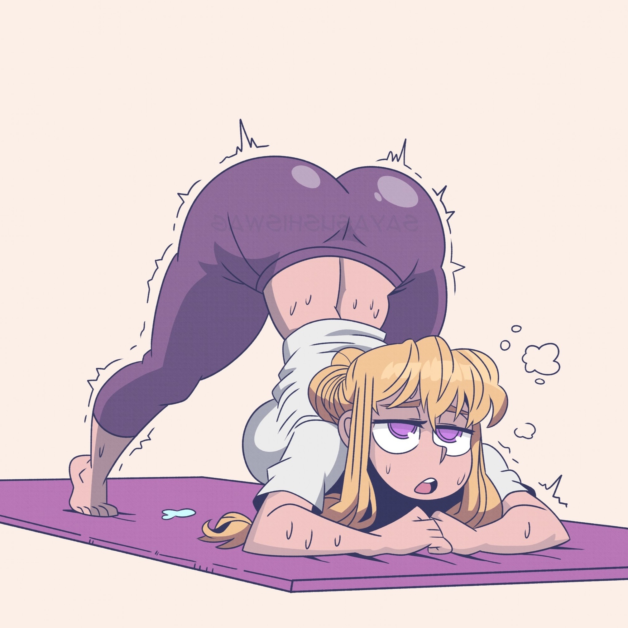 1girls, blonde hair, exercise, exercise clothing, jack-o pose, leggings, meme, panties, pose, purple hair, sayasushiswag, sweat, sweatdrop, sweating, touhou, tremble spikes, yoga, yoga pants, yukari yakumo