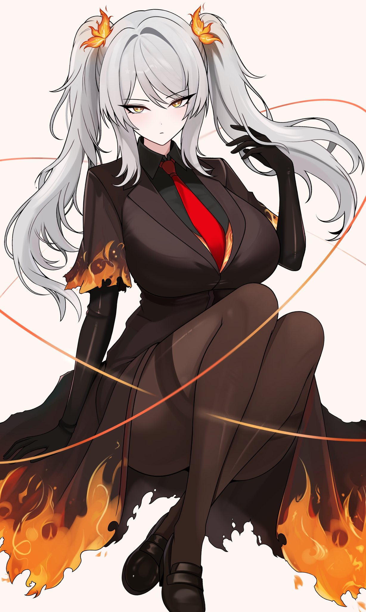 black_gloves breasts faust_(limbus_company) female female_focus female_only flames formal_clothes formal_wear fully_clothed genius hair_ornament large_breasts legs_together light-skinned_female light_skin limbus_company looking_at_viewer m_ayonessa pantyhose project_moon red_tie sitting twintails white_hair yellow_eyes