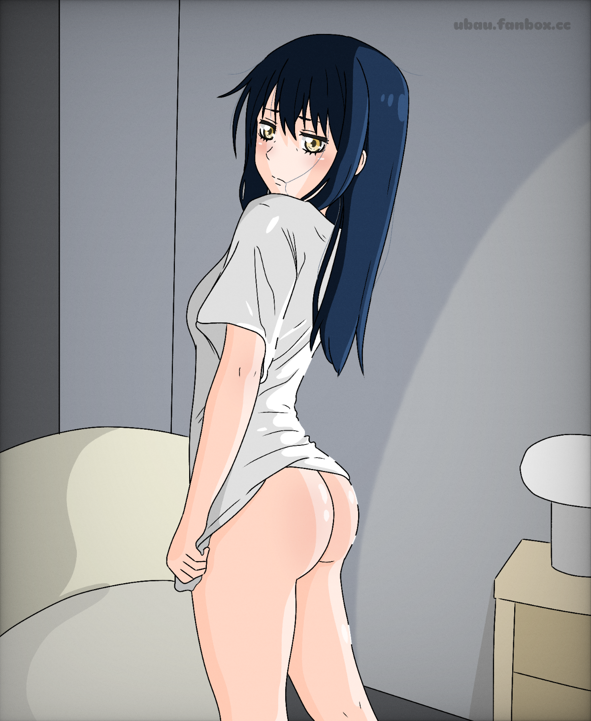 1girl, ass, ass focus, blue hair, blush, bubble butt, butt, butt focus, legs, mieruko-chan, no panties, pretty face, pretty girl, soft, thighs, ubau, yellow eyes, yotsuya miko