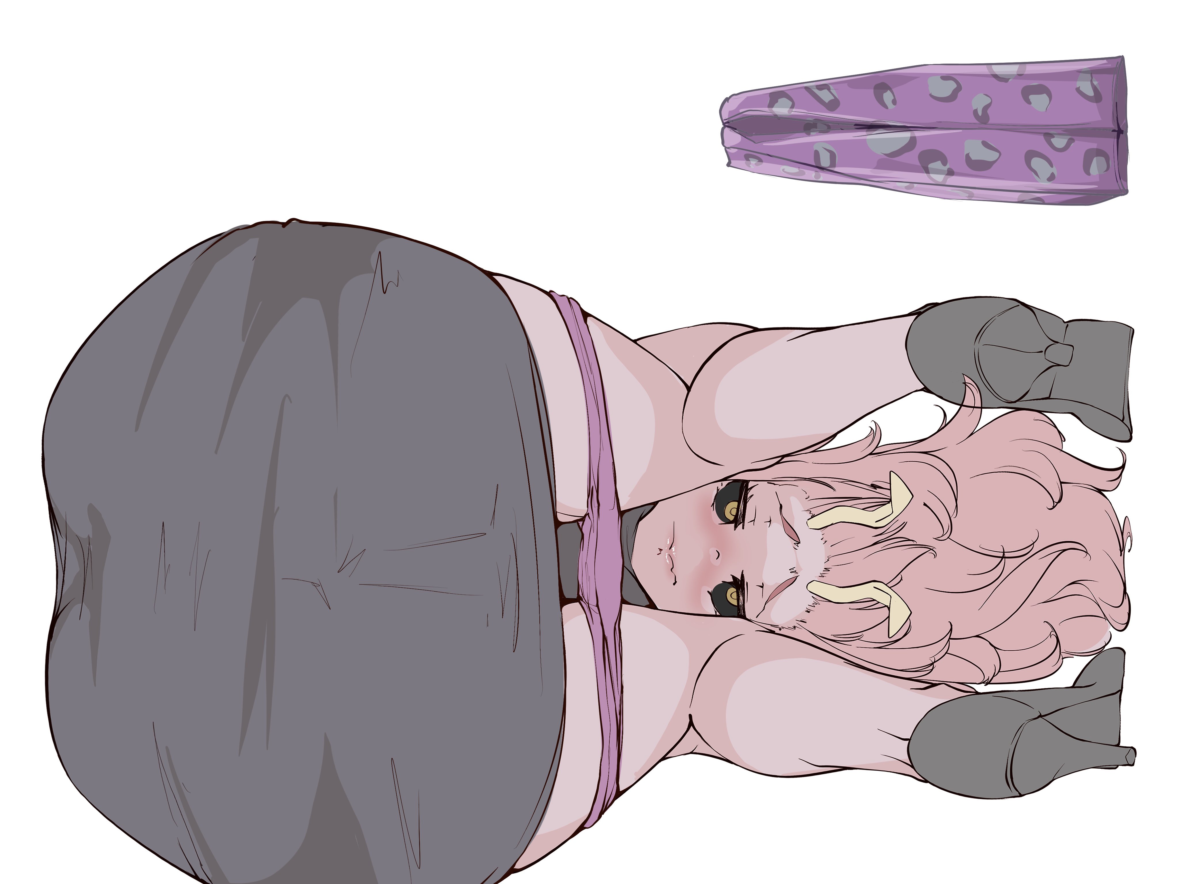 1girl, 1girls, absurdres, ass, black dress, black sclera, black shoes, boku no hero academia, chanwara 06, chanwara 06 (sabwara06/wara3977712), colored sclera, colored skin, commentary request, dress, frontbend, highres, horns, long hair, mina ashido, mina ashido time-skip, my hero academia, my hero academia (finale), panties, panty pull, pink body, pink hair, pink skin, post-timeskip, purple panties, shoes, sideways, simple background, solo, underwear, unfinished, unworn panties, wavy mouth, white background, yellow eyes
