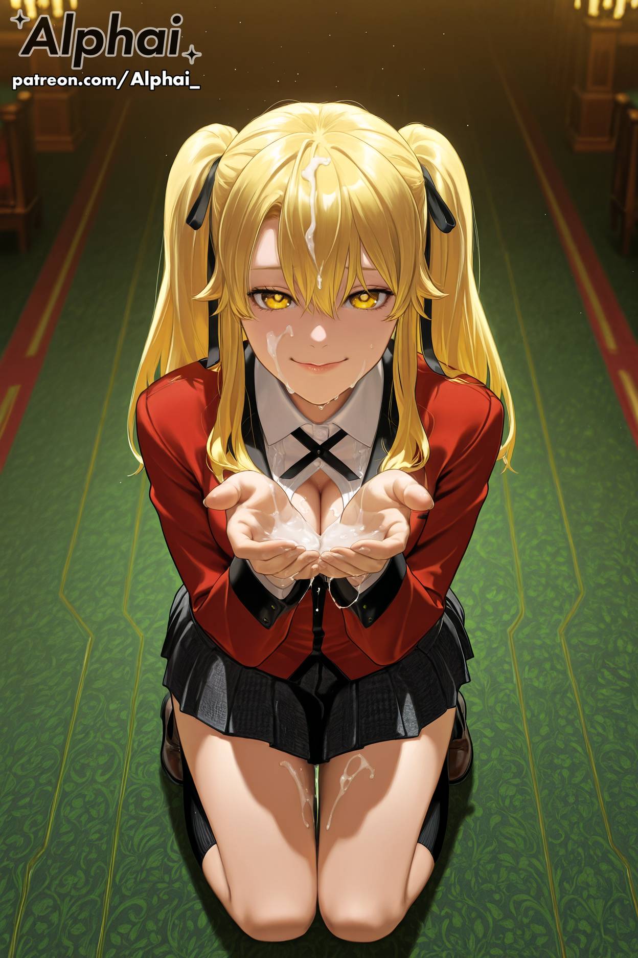 saotome_mary kakegurui 1girl solo female_focus long_hair blonde_hair twintails black_hair_bow hair_between_eyes yellow_eyes hyakkaou_academy_school_uniform long_sleeves blazer red_jacket suit_jacket white_shirt collared_shirt black_neck_ribbon black_skirt plaid_skirt pleated_skirt black_kneehighs loafers kneeling cupping_hands waiting_for_cum closed_mouth facing_viewer looking_at_viewer happy cum_on_breasts cum_on_face casino_background legs_spread cum_in_hair cum_on_legs full_body slight_cleavage raised_eyebrows naughty_face volumetric_lighting dramatic_shadows cinematic_lighting colorful_background detailed_background particles skindentation detailed_skin detailed_hair depth_of_field semirealistic patreon patreon_url patreon_link patreon_username 2025 2026 highres high_resolution high_quality absurd_res absurdres blushing ai ai_art ai_assisted ai_generated ai-created alphai