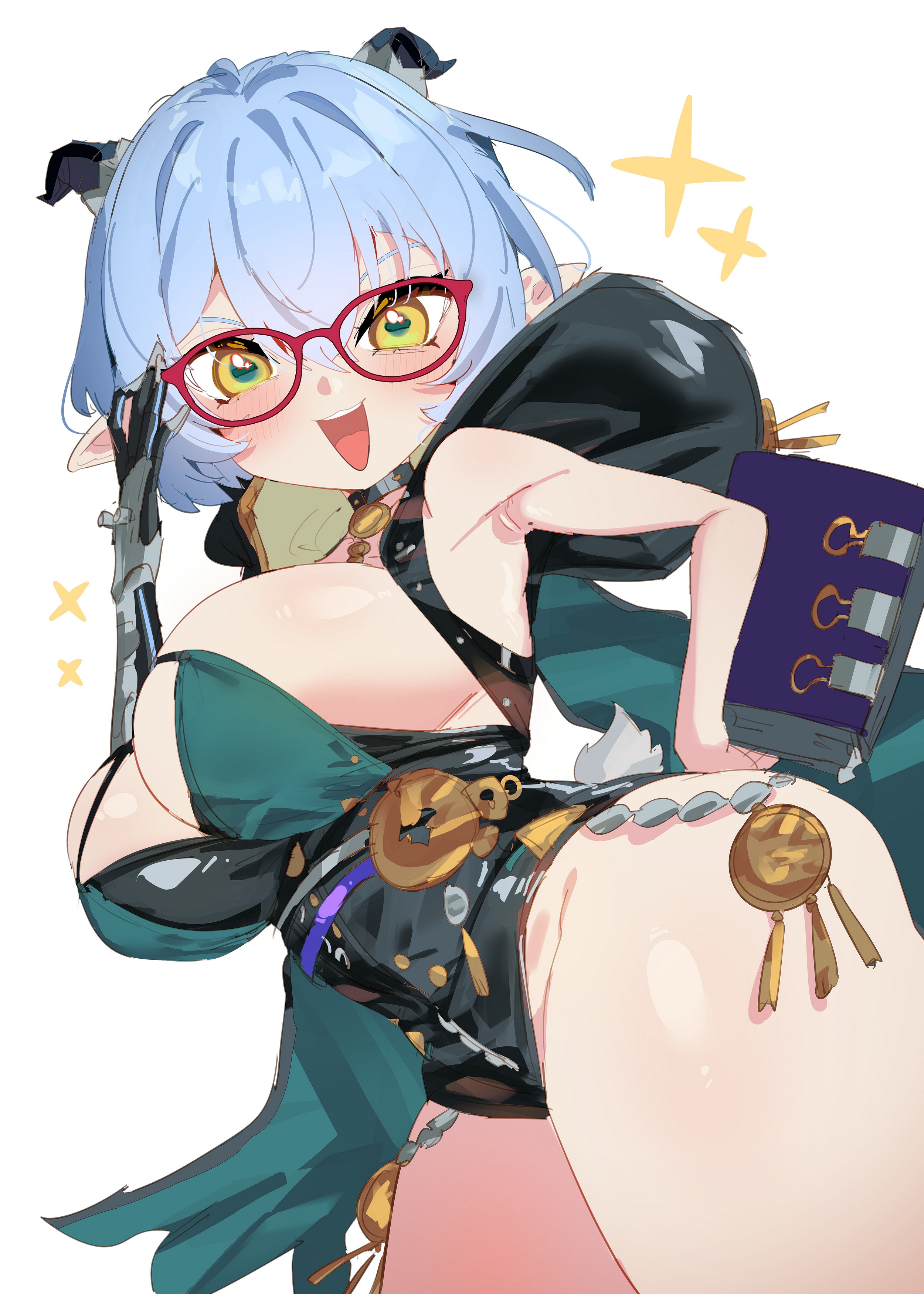 1girls, big breasts, breasts, female, female focus, female only, glasses, large breasts, light skin, light-skinned female, looking at viewer, lucia (zenless zone zero), lucia elowen, megane, rayno, solo, thick thighs, thighs, white background, wide hips, zenless zone zero