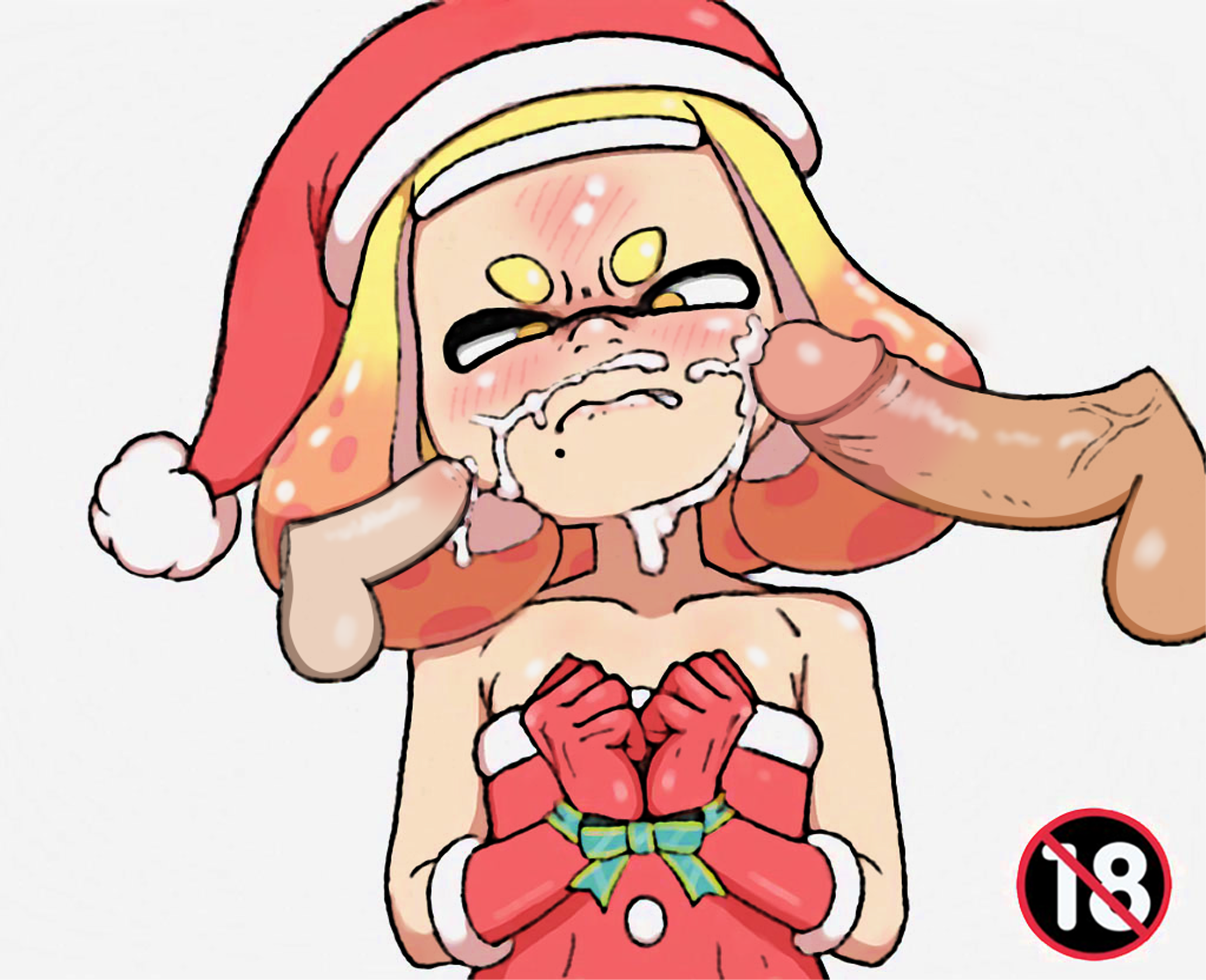 1girls, 2boys, angry, big penis, blush, cum, cum on face, cumdrip, edit, female, inkling, inkling girl, large penis, light skin, light-skinned female, light-skinned male, male, nintendo, nuranura-san, pale skin, pale-skinned female, pale-skinned male, pearl (splatoon), penis, penis size difference, questionable consent, santa costume, small penis, splatoon, straight, surrounded by penises