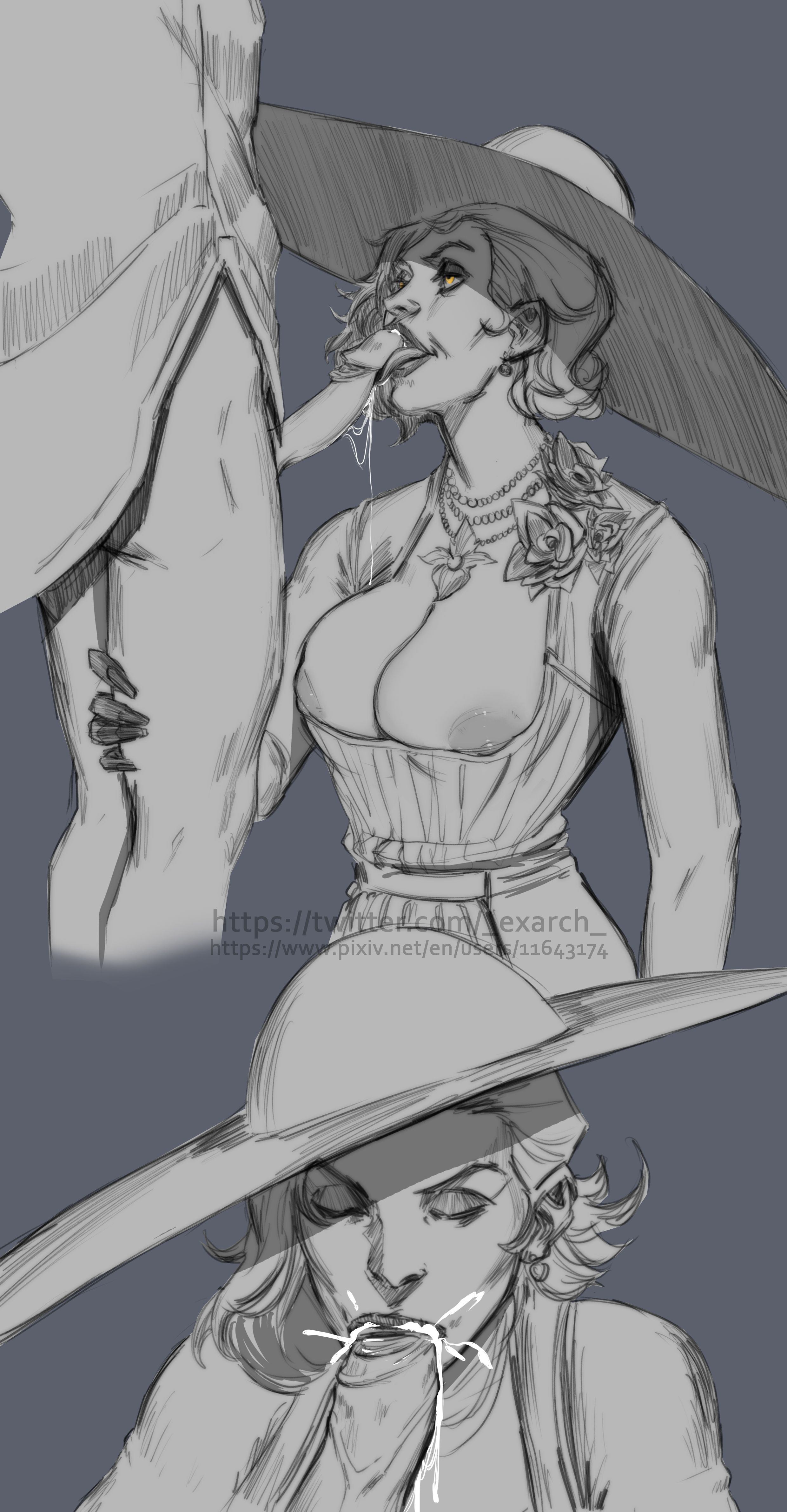 alcina dimitrescu, artist name, big breasts, big penis, blowjob, breasts, capcom, cougar, cum, cum in mouth, exarch, fantasy, fellatio, female, female/male, giantess, hat, male, male/female, mature female, menrnblowjob, milf, mommy kink, mutant, oral, penis, precum, resident evil, resident evil 8: village, tongue, tongue out, vampire, victorian, women