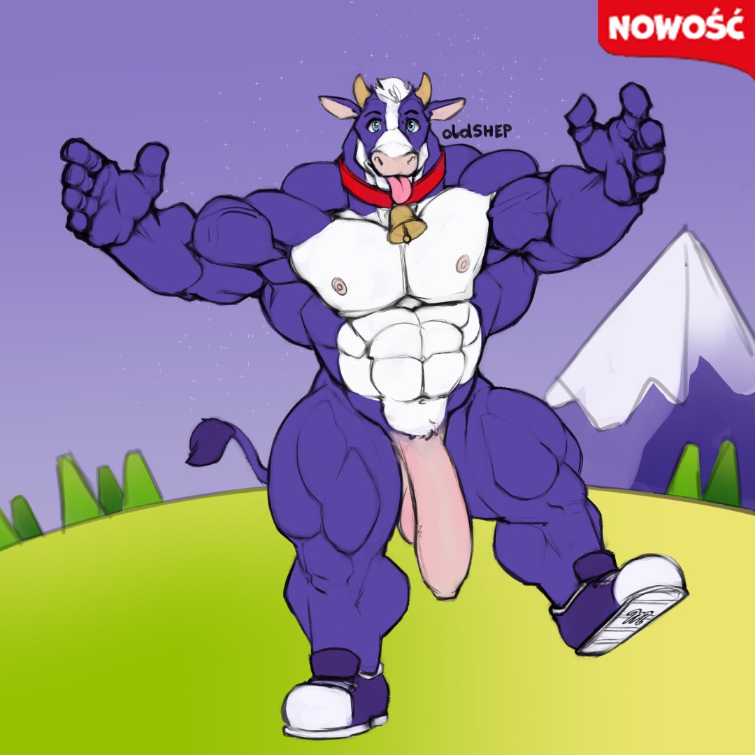 1:1 1boy 2021 abs anthro anthrofied balls barazoku bell biceps big_muscles big_penis bovid bovine cattle clothing collar cowbell flaccid footwear foreskin ftm_crossgender genitals horn humanoid_genitalia humanoid_penis looking_at_viewer male male_only mammal mascot milka_(chocolate) milka_cow multicolored_body muscular muscular_anthro muscular_male navel nipples nude obliques oldshep on_one_leg outside pecs penis polish_text purple_body quads rule_63 shoes solo solo_male spread_arms standing text thick_thighs tongue tongue_out uncut white_body