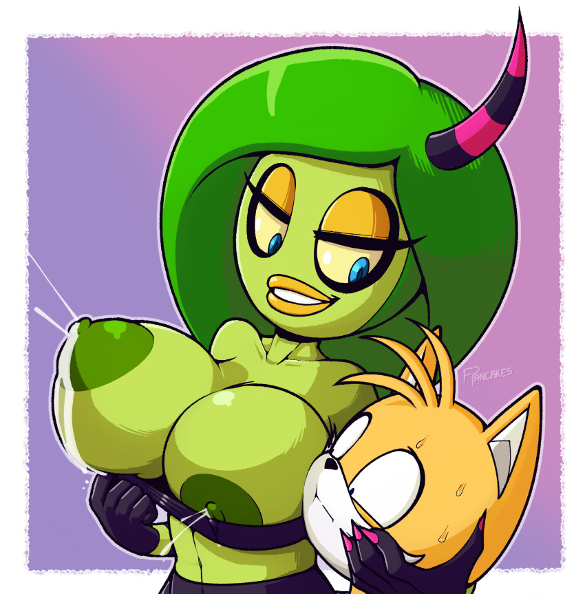 2d, alien, anthro, areola, areola slip, big breasts, bodily fluids, breasts, canid, canine, deadly six, digital media (artwork), female, fox, freepancakes, fur, hair, hi res, horn, horned humanoid, humanoid, lactating, looking at breasts, male, male/female, mammal, nipple slip, nipples, open mouth, sega, simple background, smile, solo focus, sonic (series), sonic lost world, sonic the hedgehog (series), tails, tails the fox, the deadly six, video games, zeena, zeti, zeti (species)