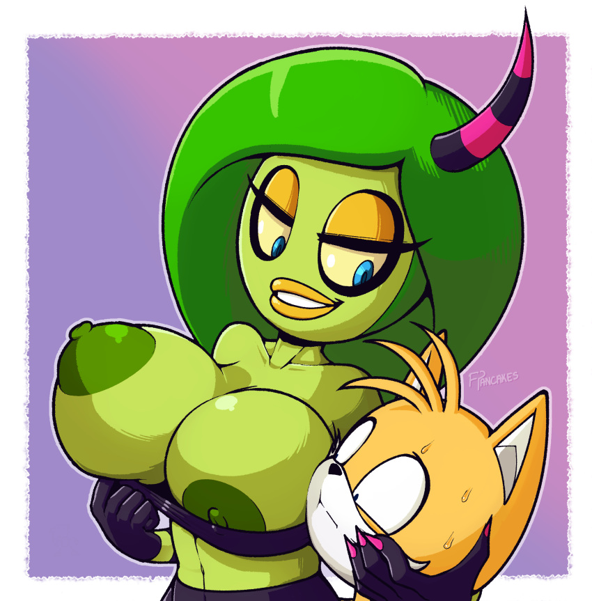 2d, alien, anthro, areola, areola slip, big areola, big breasts, big nipples, bodily fluids, breasts, breasts out, canid, canine, dark nipples, deadly six, digital media (artwork), female, fox, freepancakes, fur, hair, hi res, horn, horned humanoid, huge breasts, humanoid, looking at breasts, male, male/female, mammal, nipple slip, nipples, open mouth, sega, simple background, smile, solo focus, sonic (series), sonic lost world, sonic the hedgehog (series), tails, tails the fox, the deadly six, video games, zeena, zeti, zeti (species)