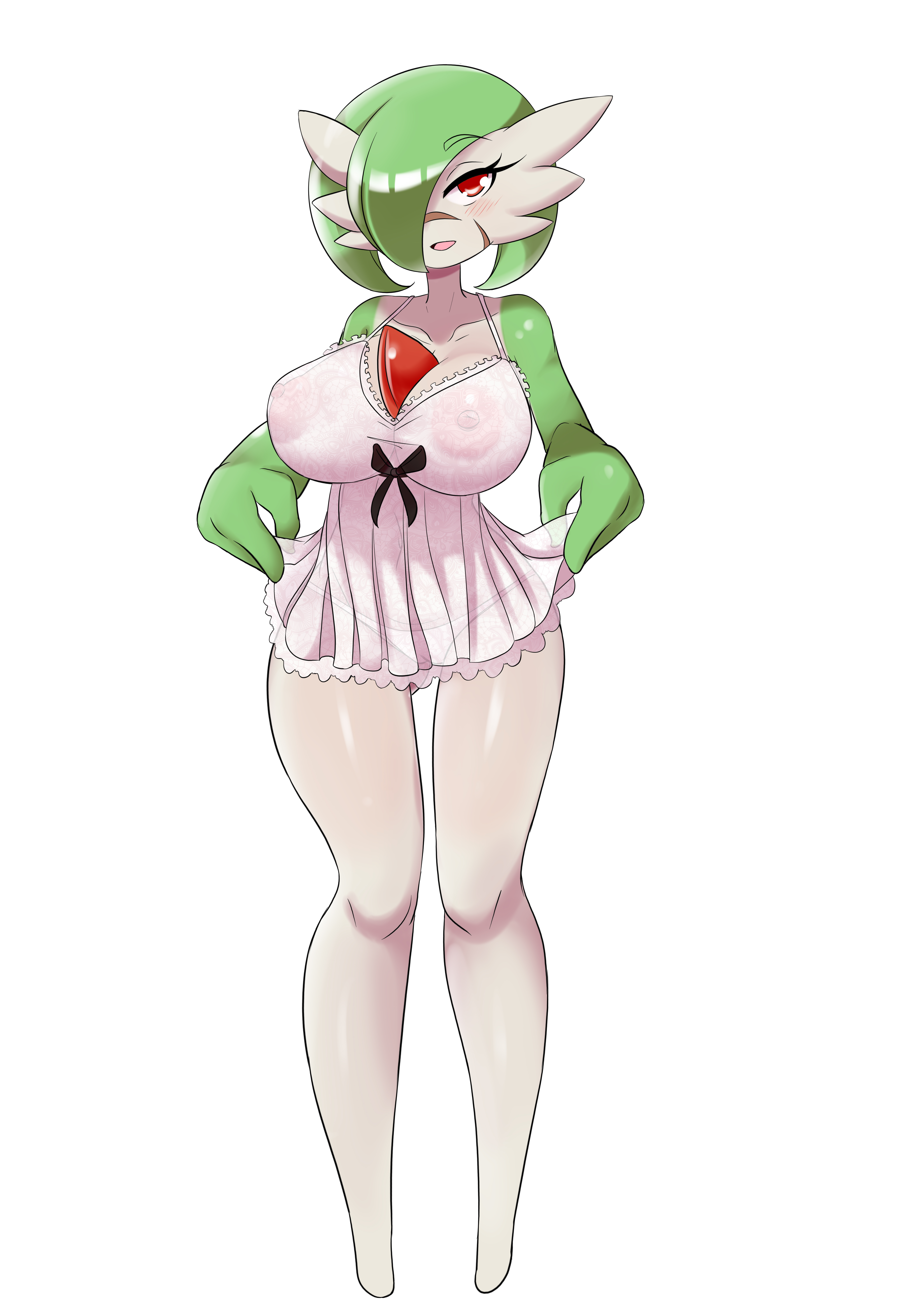 ass, big ass, big breasts, breasts, female, game freak, gardevoir, green hair, green skin, lingerie, lucyfercomic, nintendo, panties, pokémon (species), pokemon, pokemon (species), solo, white background